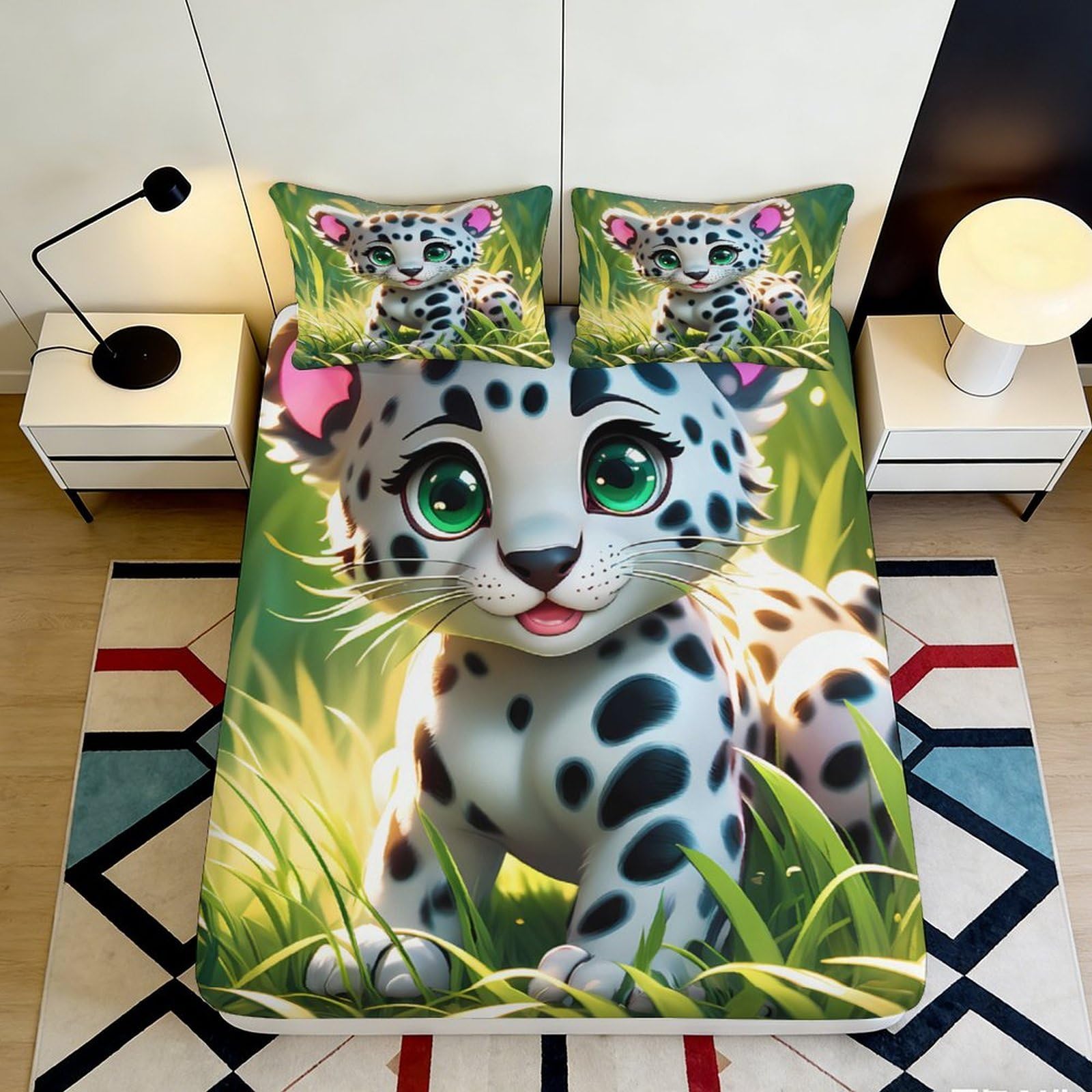 3D Printed Cartoon Leopard Fitted Sheet Microfiber Deep Pocket Full Wrap Cartoon Leopard Mattress Fitted Cover Non-Slip Washable 160x200x25cm