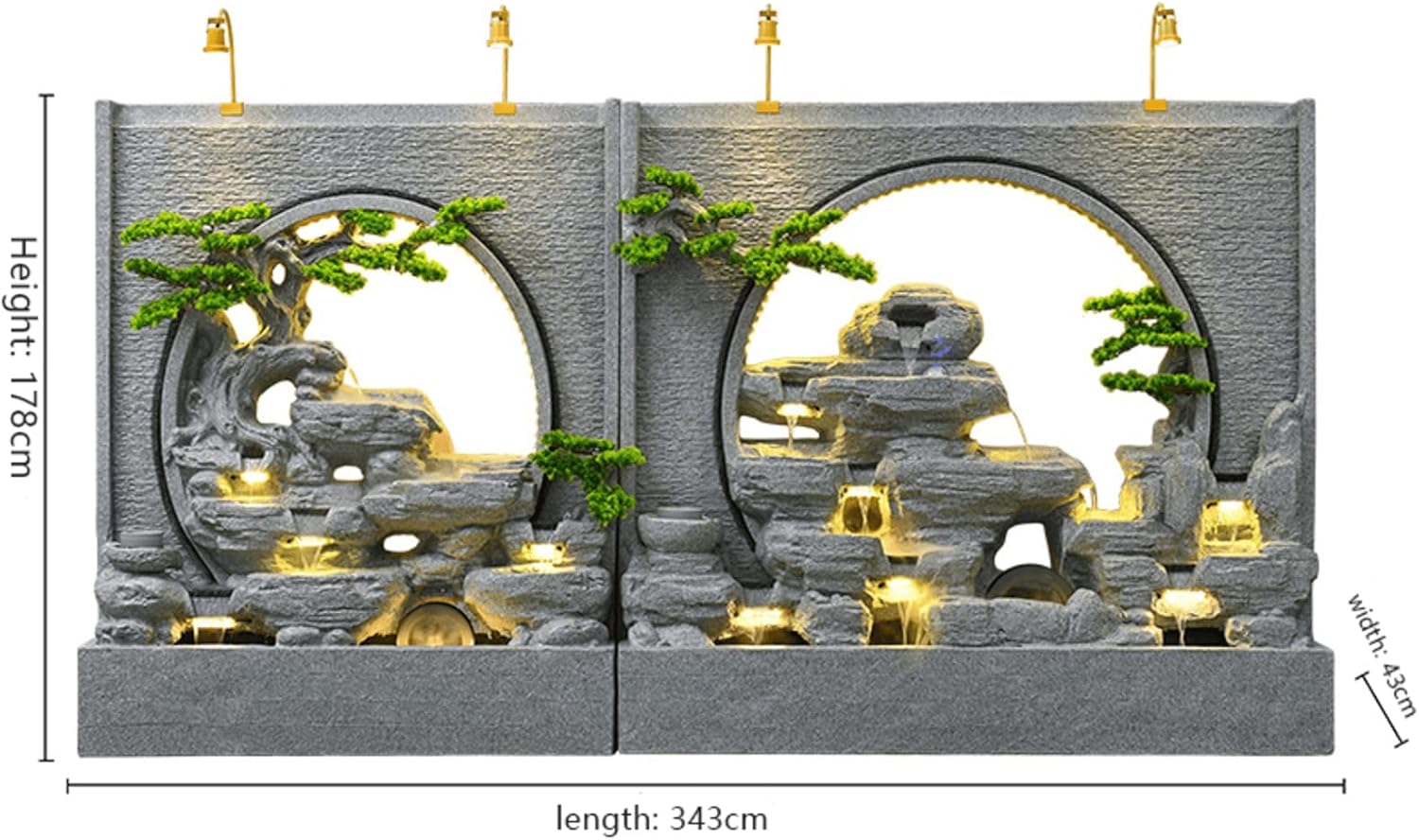 Zen Garden Landscape Waterfall Gray Rockery Fountain with LED Lights and Artificial Greenery – Tranquil Indoor/Outdoor Decorative Water Feature, Housewarming Gift(C+A)
