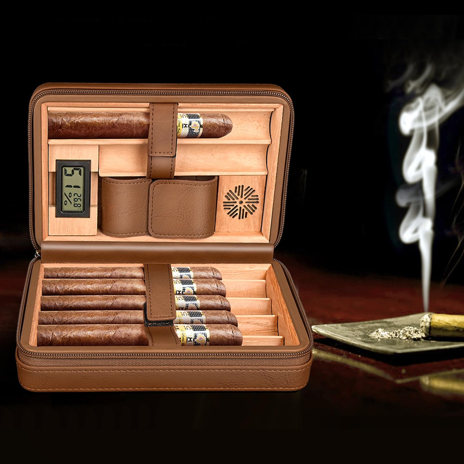 Leather Humidor Zigarren für 6 Zigarren mit elektronischem Hygrometer und Befeuchter (Braun)