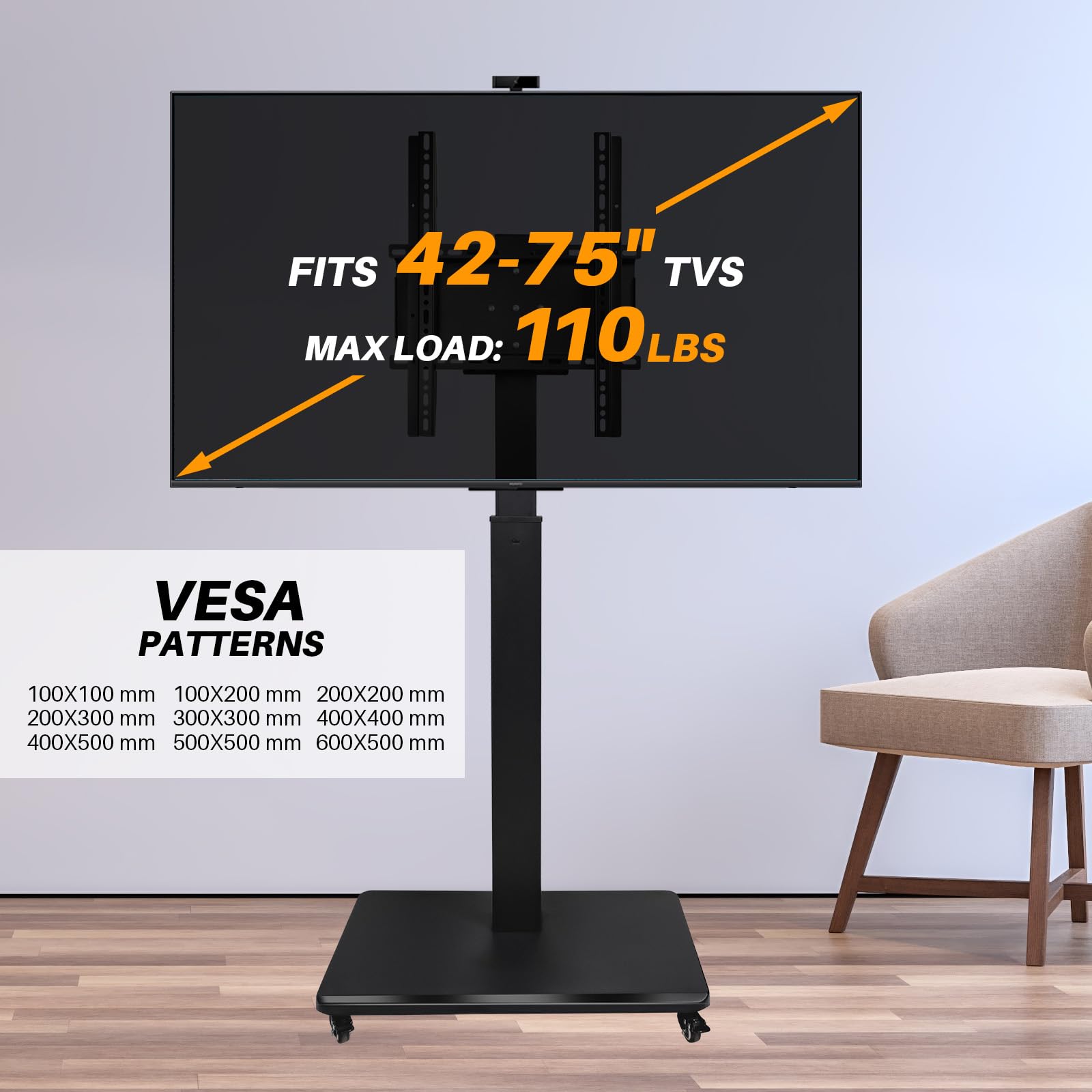 FITUEYES TV Stand Roll-Up TV Stand with Wheels TV Trolley Height Adjustable for 40-85 Inch TV Max 60 kg VESA 600 x 400 mm