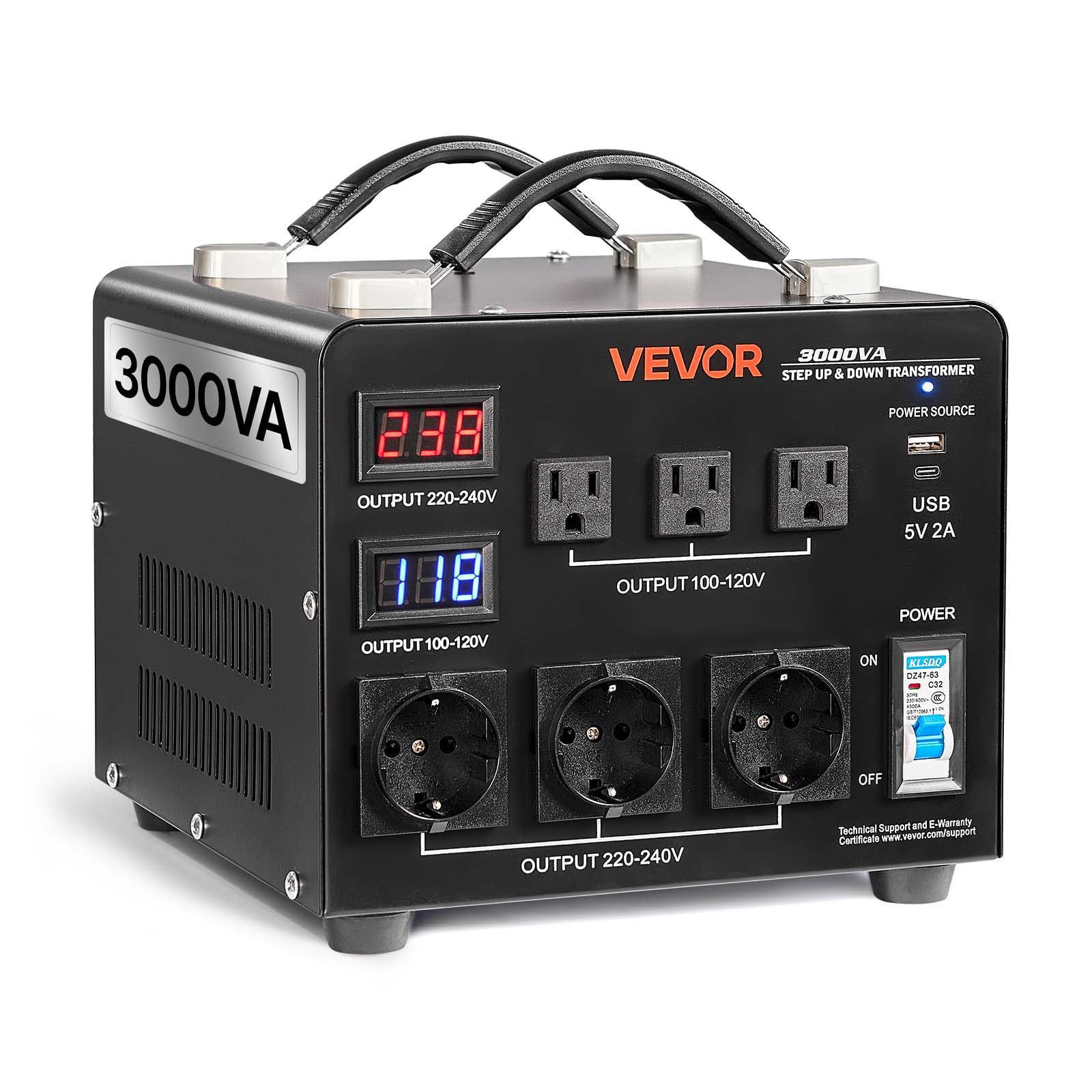 VEVOR Voltage Auto Converter Transformer, 3000VA, Heavy Duty Step Up/Down Power Transformer, 110V to 220V and 220V to 110V, with 3 US Outlets, 3 EU