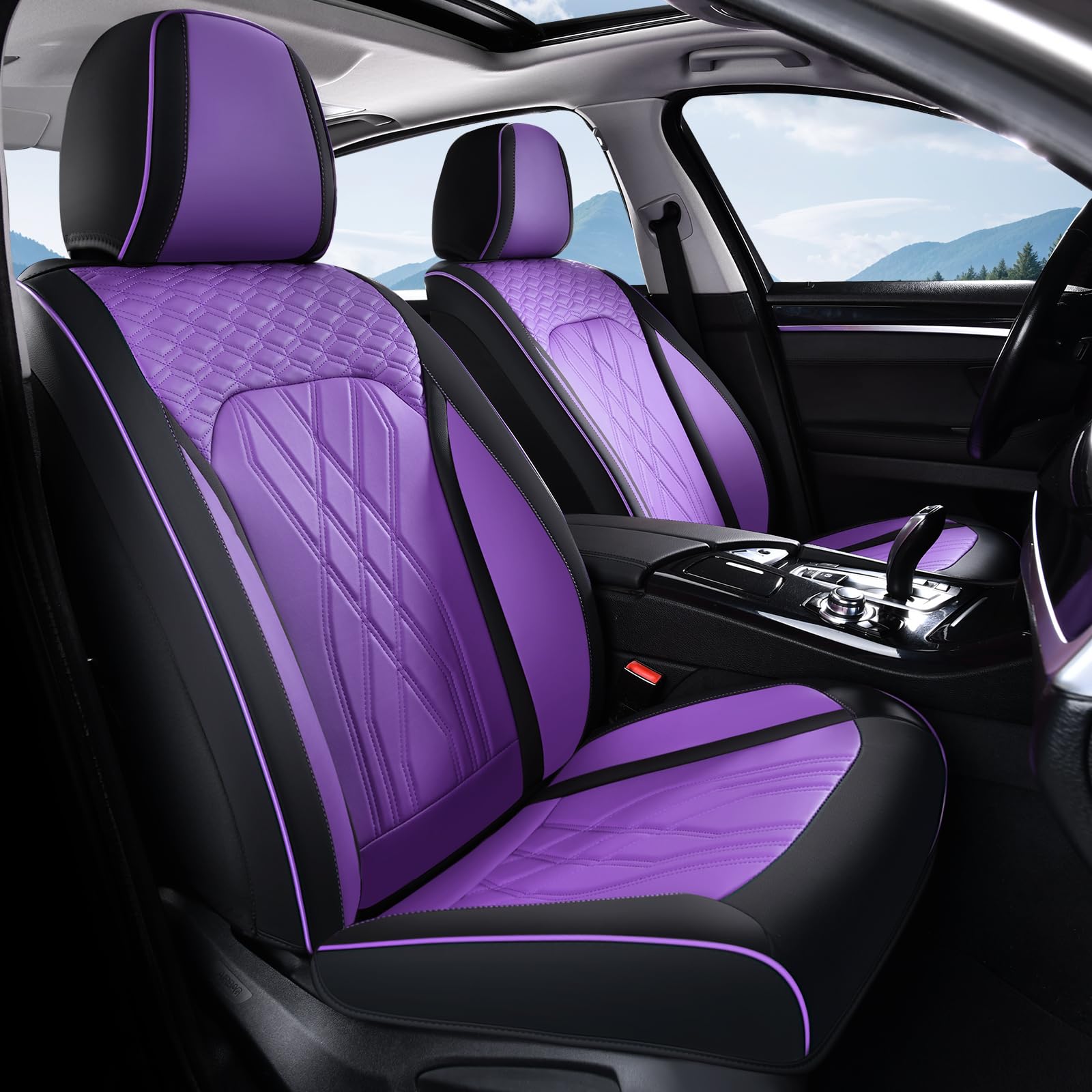 Seat Covers for Cars Purple Leather Car Seat Covers Front Pair Non-Slip Full Coverage Seat Cushion Automotive Car Seat Cover Universal Fit for Most Car Truck SUV, Black&amp;Purple