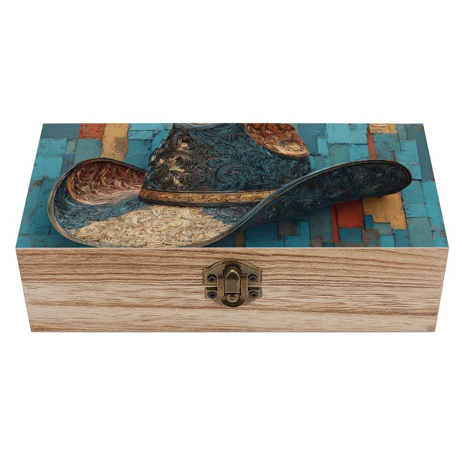 Jubonexis Turquoise Encrusted Cowboy Hat Rustic Wooden Storage Box with Hinged Lid And Front Clasp Large Keepsake Box