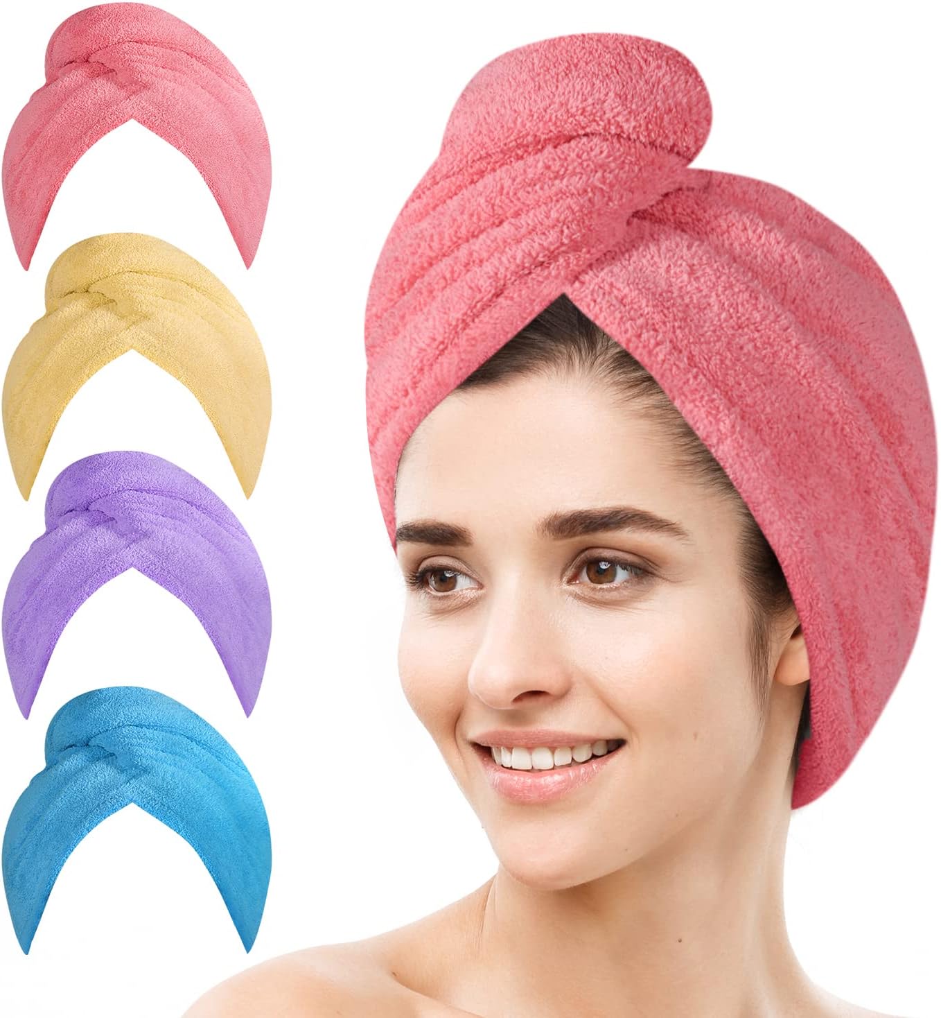 4 Pack Microfiber Hair Drying Towels, Fast Drying Hair Cap, Long Hair Wrap,Absorbent Twist Turban(Pink, Yellow, Blue, Purple)
