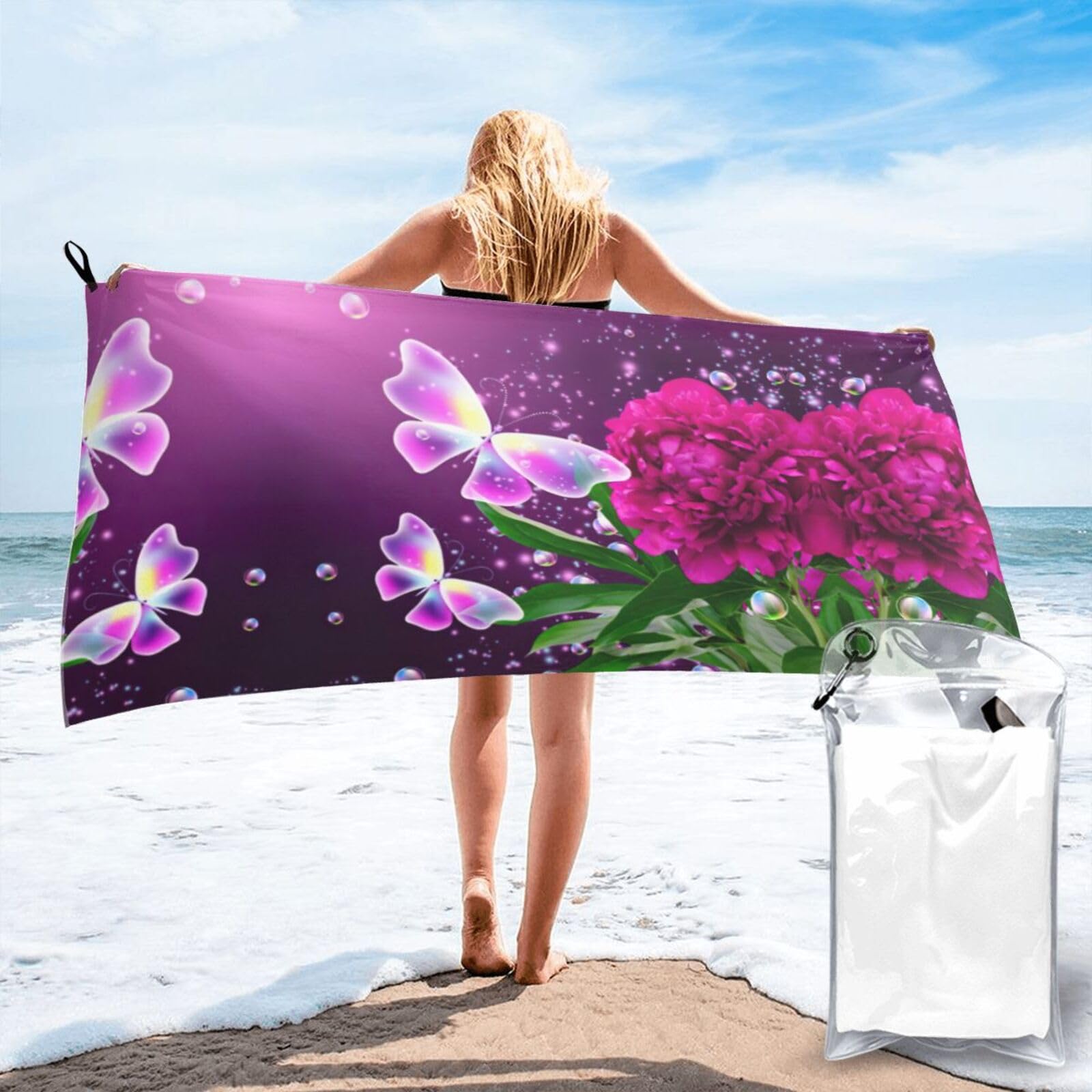 Serviette de bain violette à motif imprimé floral et papillon EdWal