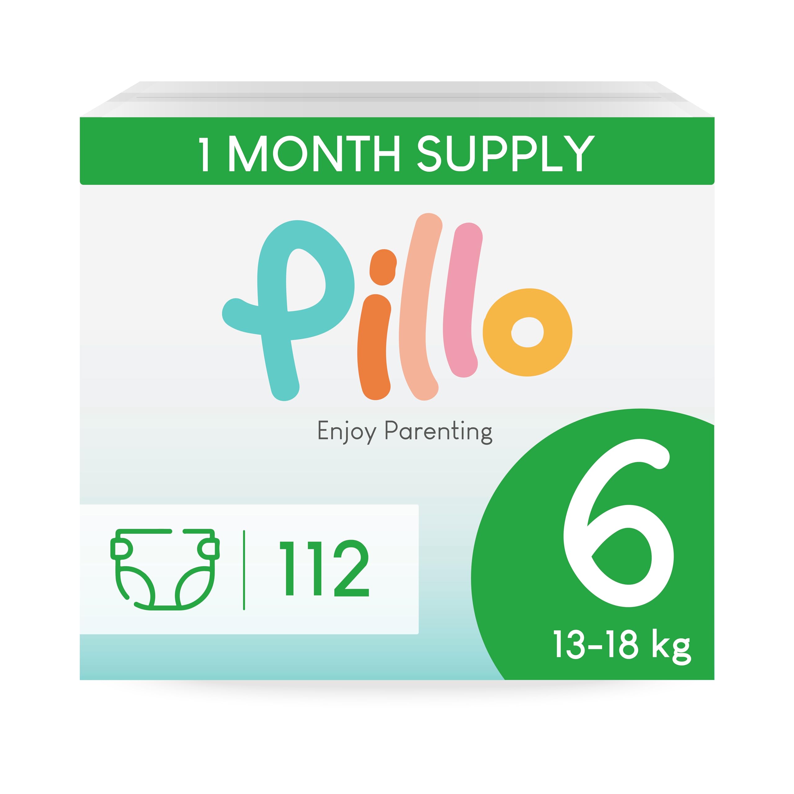 Pillo Pieluchy Rozmiar 6 - zapasowa od 112 pieluszek, 4 opakowania po 28 pieluszek, rozmiar 6 - XL (13-18 kg), pieluchy na pillę - pierwsze dzieciństwo