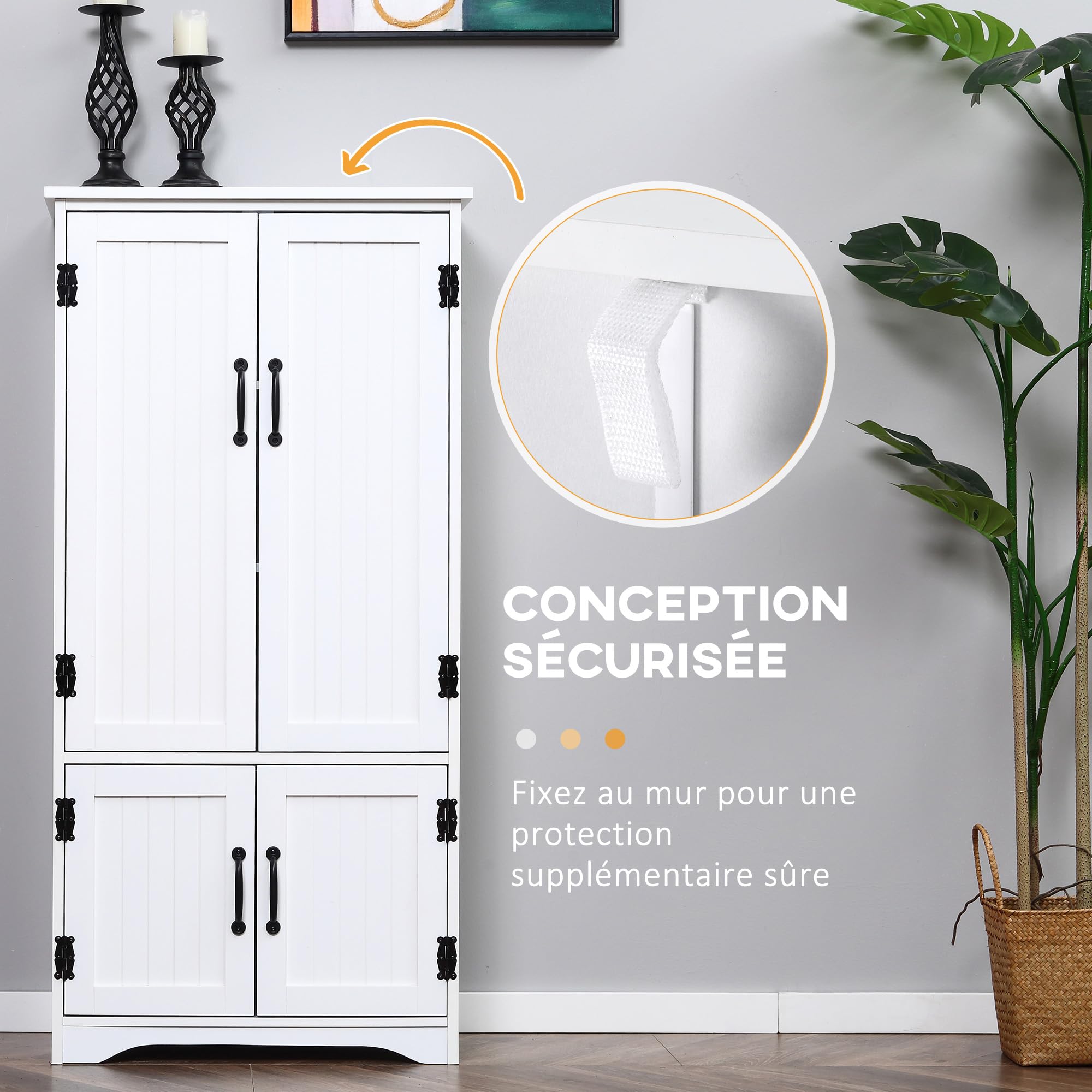 HOMCOM Buffet de Cuisine Meuble Rangement 2 Placards 60 x 30 x 123 cm Blanc | Armoire de Cuisine Contemporaine, 3 Étagères