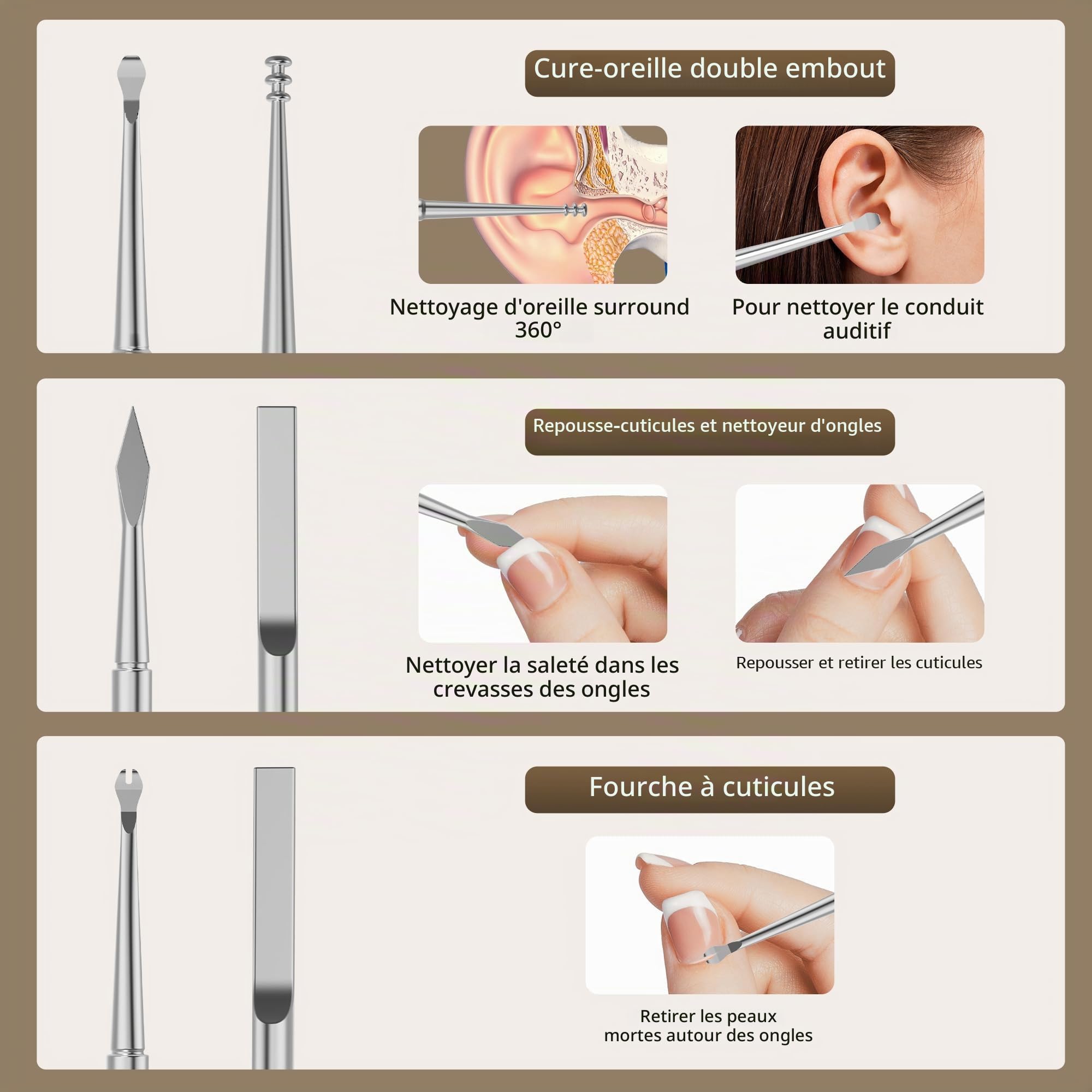 Ensemble coupe-ongles Pince à épiler Ciseaux Manucure Kit de toilettage 9 en 1 avec étui en cuir à fermeture éclair