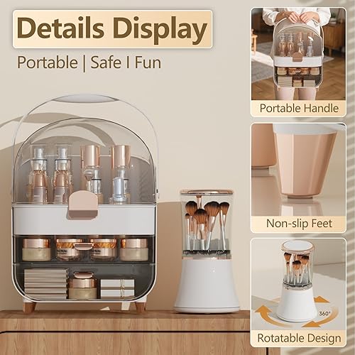 Miniatura 4 de Organizador de maquillaje, organizador de cuidado de la piel con cajones y tapa, caja de almacenamiento de cosméticos con asa, vitrina giratoria de