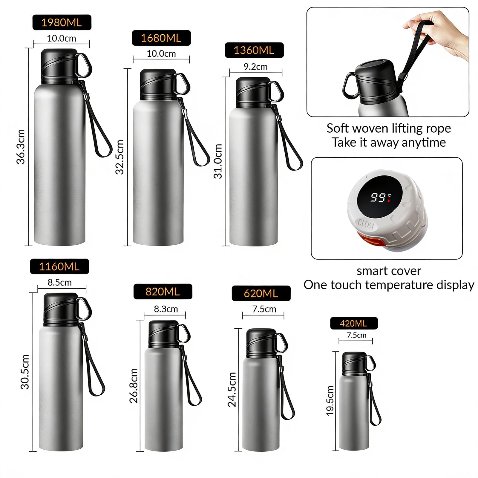 Borraccia termica calda e fredda con display a LED della temperatura: le bottiglie d'acqua in acciaio inossidabile includono filtro da tè e coperchio per caffè e tè