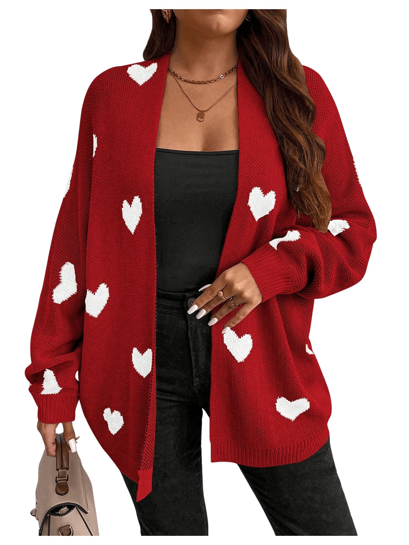 SOLY HUX Womens Plus Size Open Front Cardigan Sweaters Heart Graphic Long Sleeve Loose Sweater Outerwear