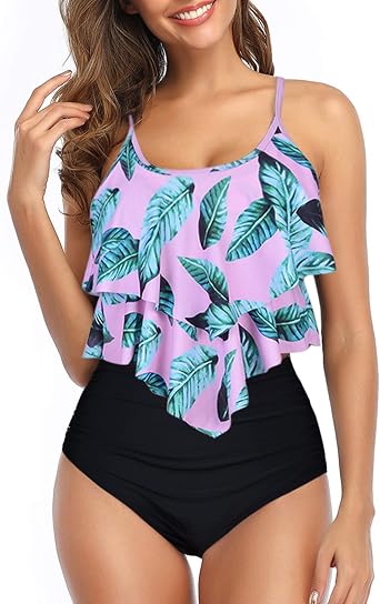Cysincos Bathing Suit for Women Two Piece Tummy Control Swimsuit High Waisted Tankini Bathing Suits with Bikini Bottom