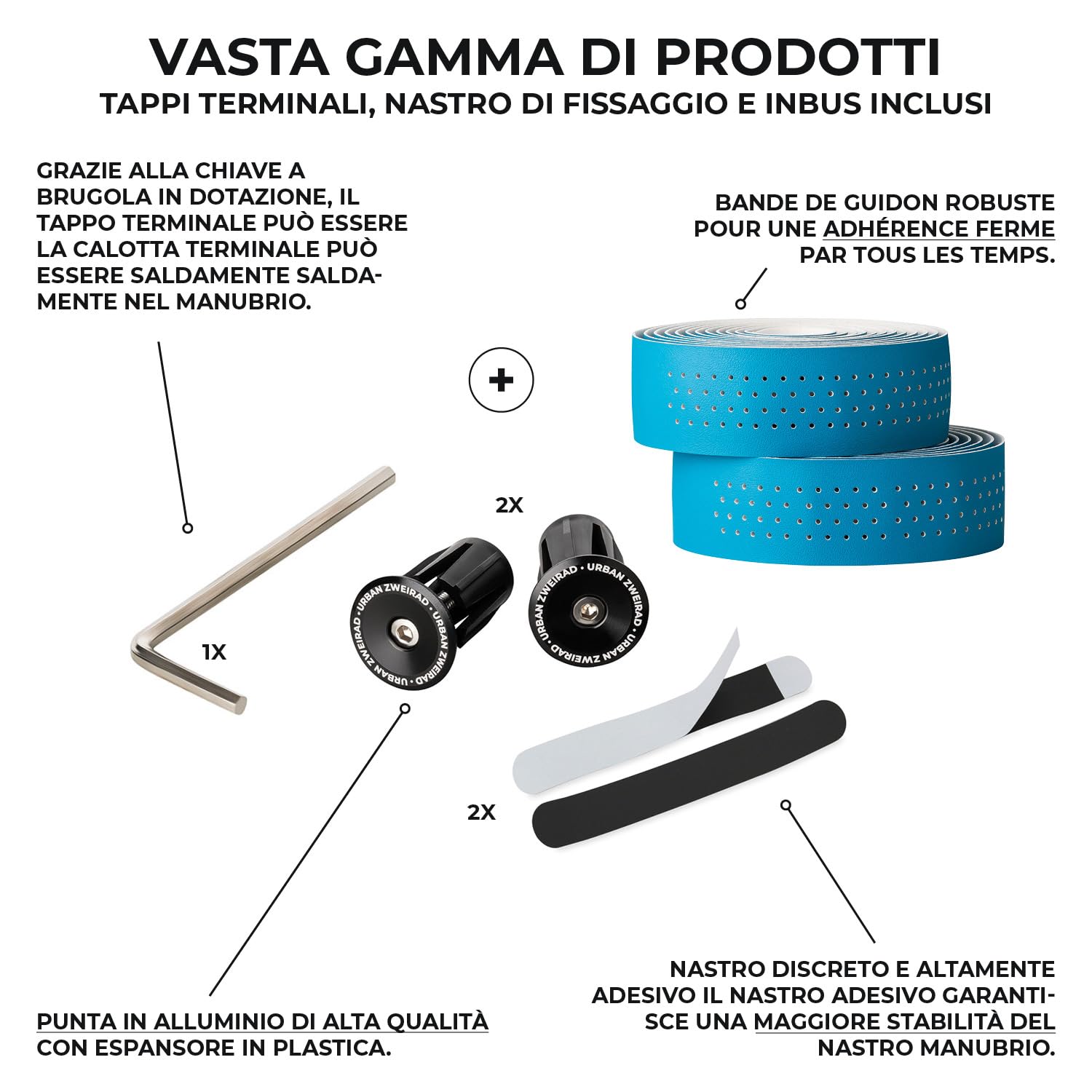 URBAN ZWEIRAD - Nastro per manubrio bicicletta da corsa Extra Dry, blu, nastro autoadesivo con terminali per manubrio, nastro per manubrio bici da corsa, bici da gravel