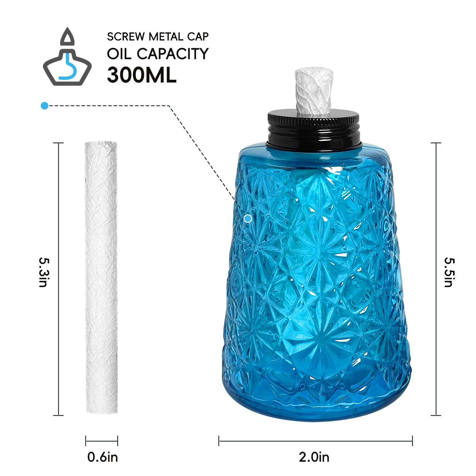 Confezione da 3 lampade a olio in vetro trasparente blu alla citronella, lampade a olio con 3 stoppini, per interni ed esterni, decorazioni per patio