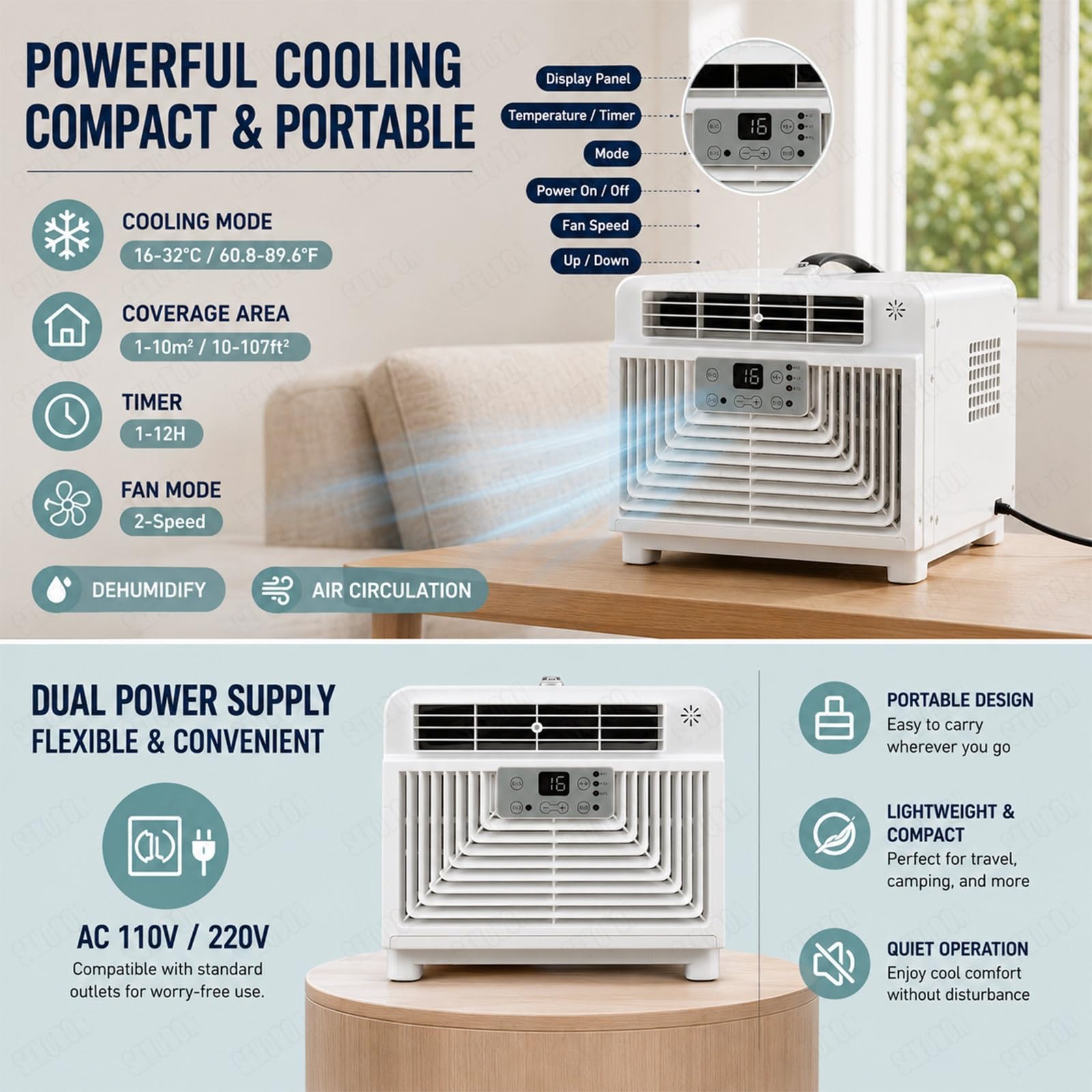 Klimatyzator Przenośny Bez Rury 3400 BTU | 4-w-1 Cichy Mały Klimatyzator Campingowy | 300W Niski Pobór Prądu, Klimatyzator do Namiotu, vana