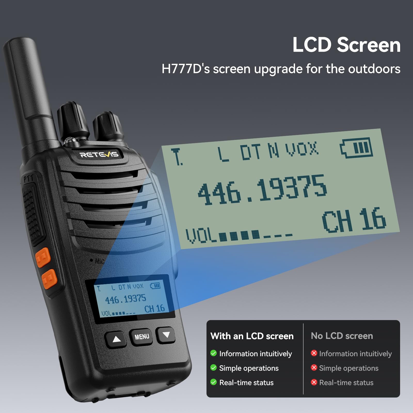 Retevis H777D Walkie Talkie, Ekran LCD, PMR446, Ładowanie Typu C, 1200mAh, Proste Parowanie, VOX, Alarm Awaryjny, Ładowalne Radio Nadaje się do Centrów Handlowych (3 Sztuki, Czarny)