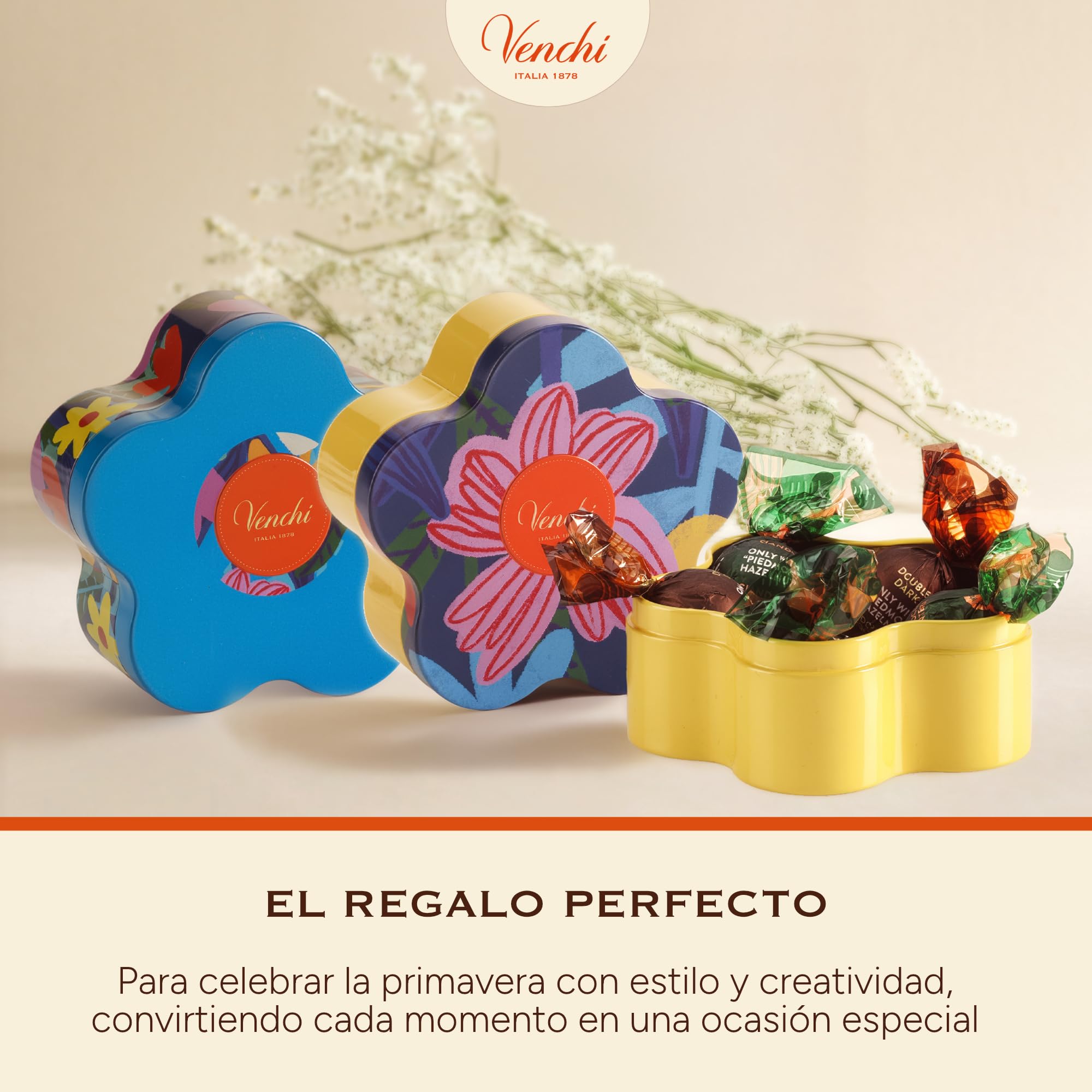 Venchi - Lata con Forma de Flor, 60 Gr, 5 Bombones Perla, Sin Gluten, Colección de Primavera Venchi, Idea de Regalo para el Día de la Madre