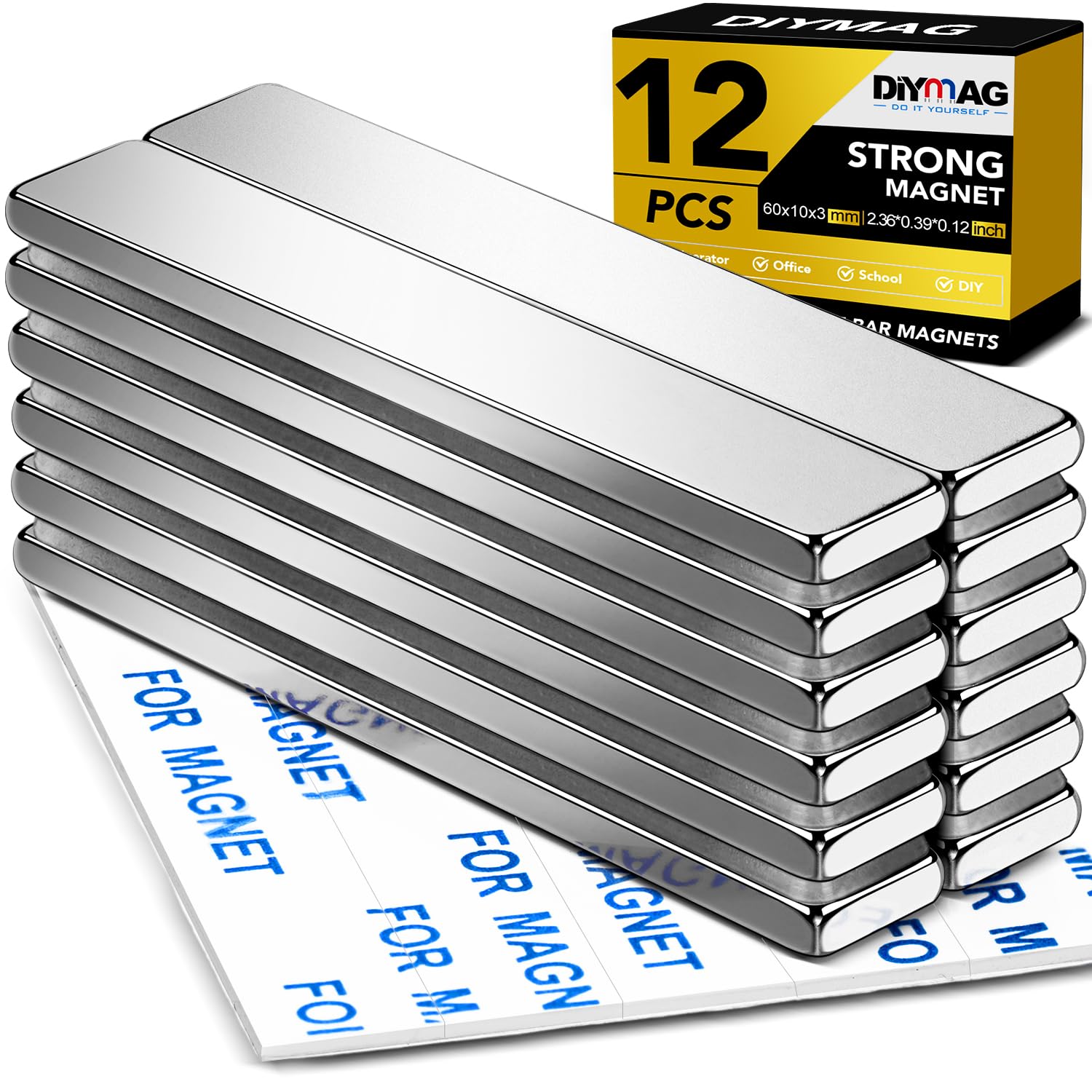 DIYMAG Powerful Neodymium Bar Magnets, Heavy Duty Magnets with Double-Sided Adhesive, Rare Earth Magnet Perfect for Fridge, DIY, Garage, Kitchen, Science, Craft, Office-60x10x3mm, 12 Pack