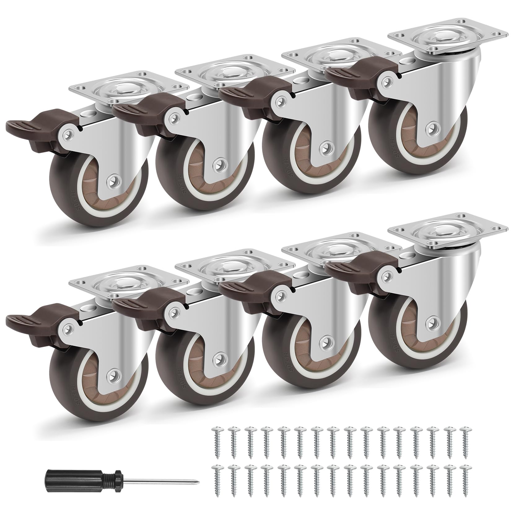 Sohnvwtgd Silent Rubber Caster Wheels 2 Inch - Swivel Castors With Brakes Set Of 8, Total Capacity 1200 Lbs, 360° Rotation Plate Casters For Furniture, Workbench, Kitchen Island, Raised Garden Bed