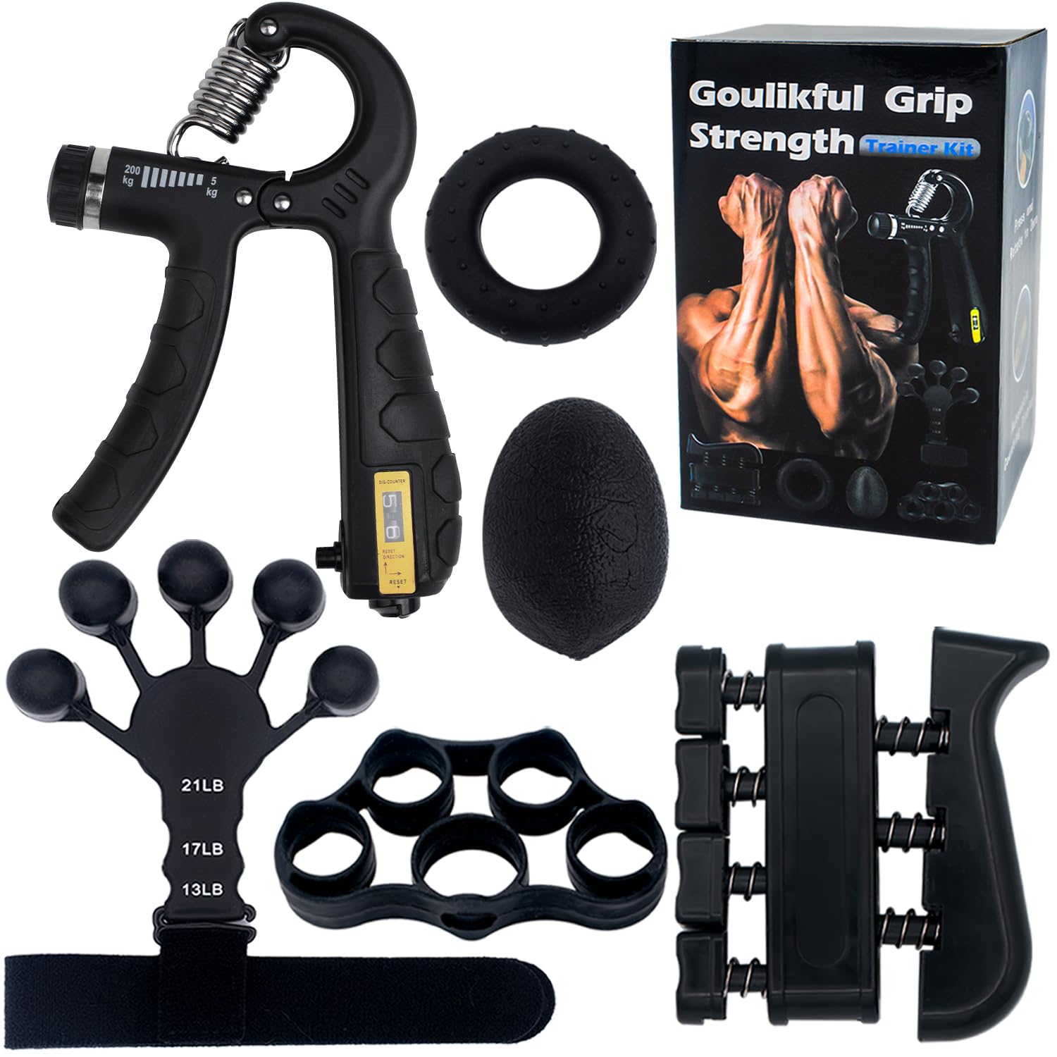 GOULIKFUL Grip Strength Trainer Finger Strengthener Kit, 6Pack Hand Grip Forearm Strengthener Exerciser for Home, Comprehensive Forearm Muscle Training Gripster