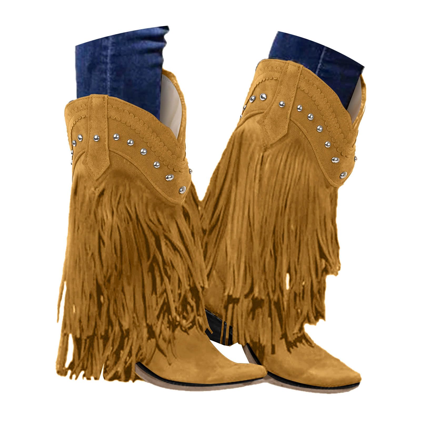 Women Fringe Knee High Boots Wide Calf Suede Vintage Western Cowgirl Booties Chunky Block Heel Stud Almond Toe