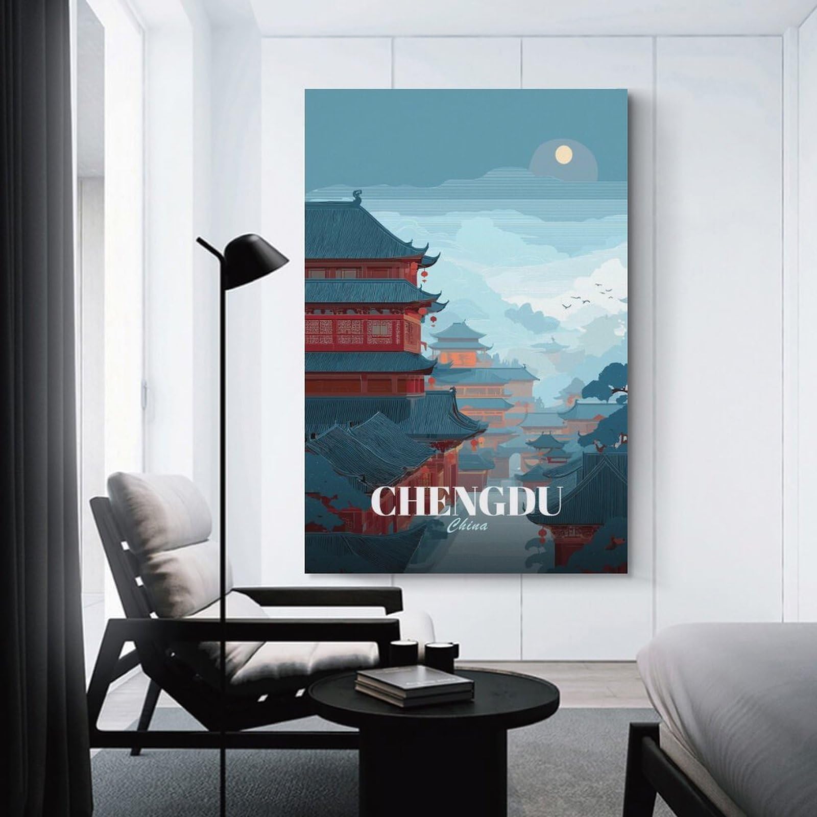 Junmoney Chengdu, China Cityscape Illustration Canvas Art Print, 20x30inch(50x75cm), for Wall Displays, Bedrooms Or Room Updates, Home Wall Art for Statement Displays