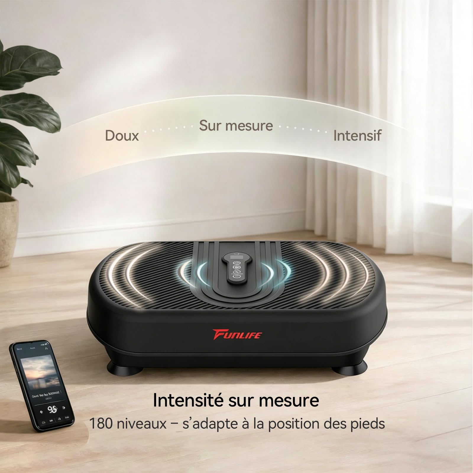 Funlife Plaque vibrante 120 kg, 180 niveaux, 5 programmes et manuel, Bluetooth et haut-parleur, plaque de fitness avec cordes d'entraînement pour l'entraînement de tout le corps