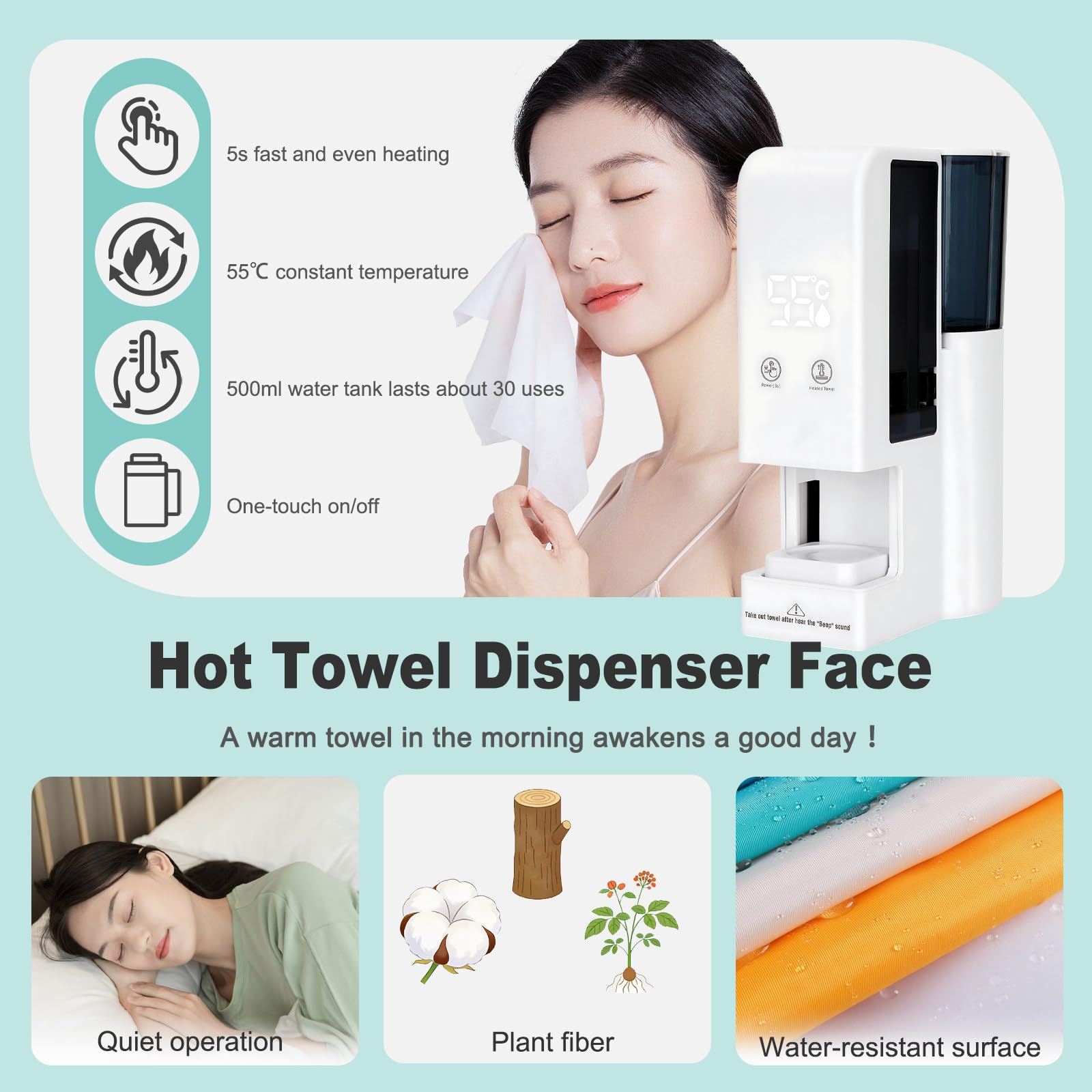 Scaldasalviette, dispenser di asciugamani caldi, riscaldamento rapido in 5 secondi, temperatura costante 55 °C, distribuzione uniforme del calore per viso e bagno, include 100 asciugamani