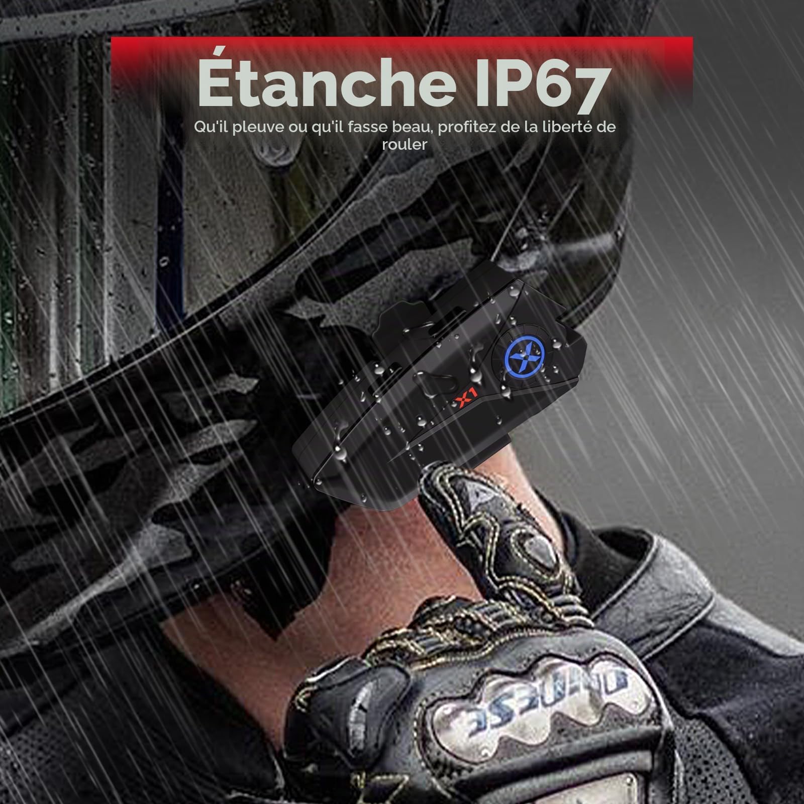 X1 Casque Moto Bluetooth V5.3, Écouteurs Moto avec Assistant Vocal, Haut-parleurs de 40 mm avec IP67 étanche, 60 Heures d'autonomie, Kit Main Libre Moto pour Motocyclette/ ATV/ Vélo (Pilote Solo)
