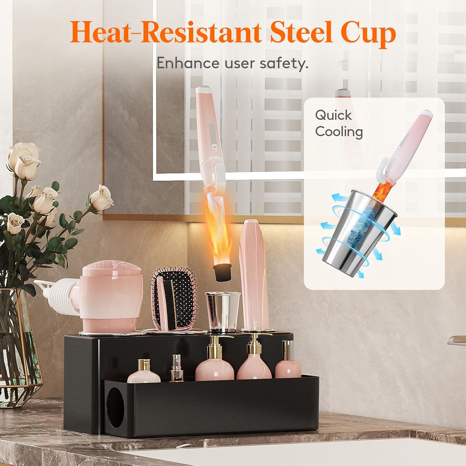 Lifewit Hair Tool Organizer Countertop, Removable Blow Dryer Holder for Bathroom, Acrylic Hot Tools Organizer Storage for Curling Iron, Brush, Straightener, 4 Stainless Cups, Black, 30 cm/12 inch(L)