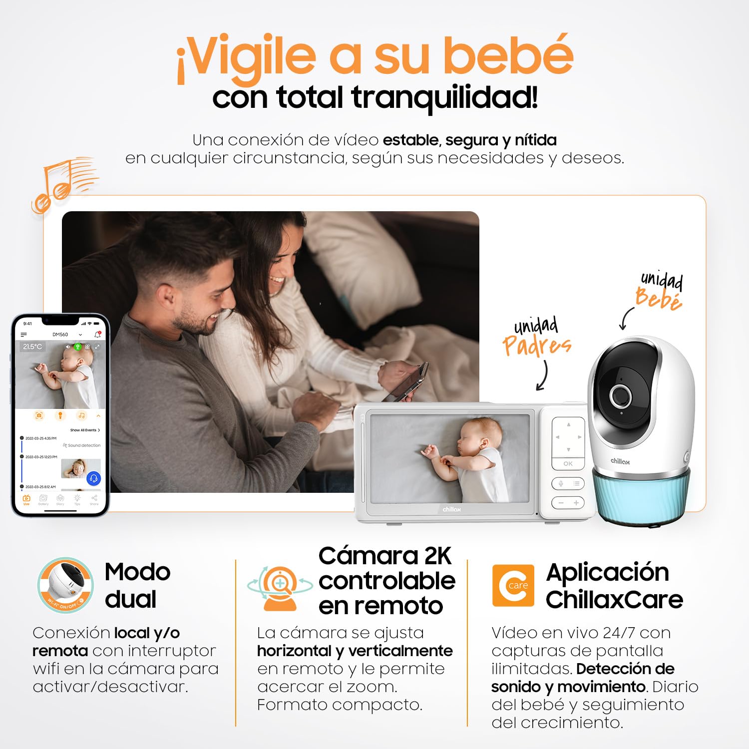 CHILLAX - Vigilabebés Cámara Candle - Pantalla LCD HD 5'' - Cámara 2K QHD controlable a Distancia - Visión Nocturna - Sensor de Temperatura - Walkie-Talkie - Luces y Nanas - Wi-FI ON/Off - con App
