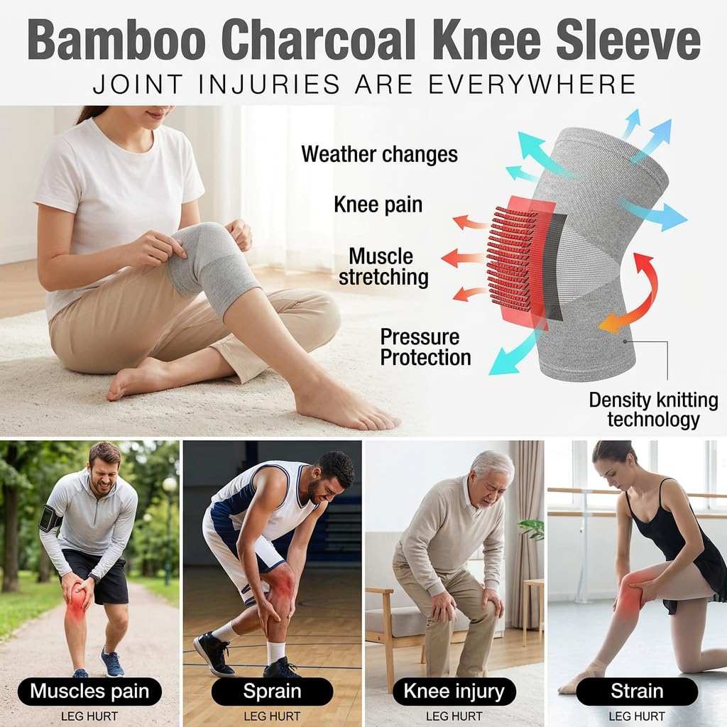 Premium Bamboo Knee Sleeve - 2 Pair Bamboo Compression Knee Sleeve for Women & Men, Anti-Slip Elastic Sport Warm Knee Brace for Arthritis (Black+Gray,Medium)