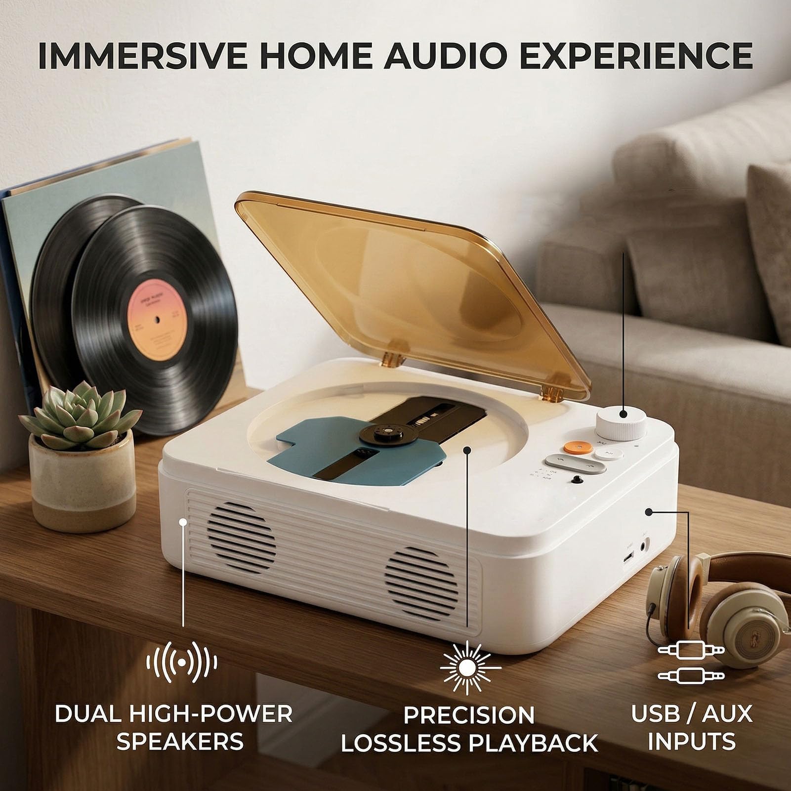 Fockety Lettore CD Portatile, Lettore Musicale con Doppio Altoparlante con Jack per Cuffie USB AUX per Telecomando, CD Desktop Bluetooth retrò per Ufficio Domestico