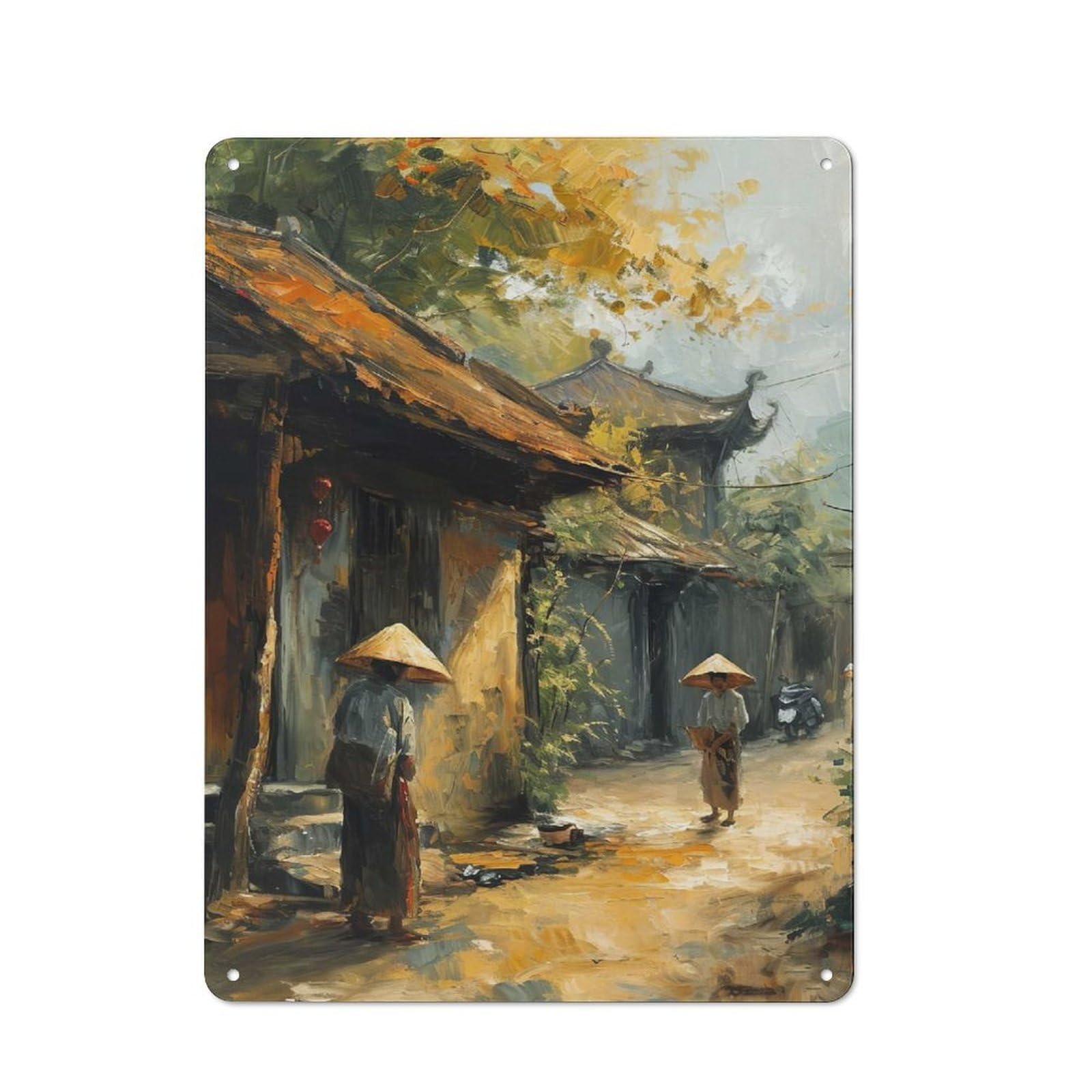 Asian Village Oil Painting Classic Metal Wall Decor 40x30cm, Tin Sign for Bar, Kitchen, Garage Or Games Room