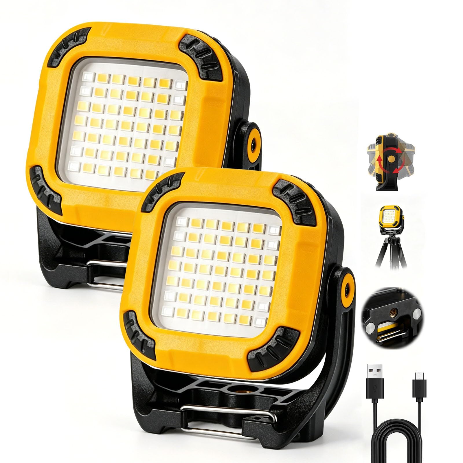 Linterna LED Recargable, Portatil Linterna Taller Mecánico, 16 Modos de Luz, Base Magnética con Gancho, Impermeable Luz de Trabajo LED para Reparación de Automóviles, Uso en Taller, Camping - 2 Piezas