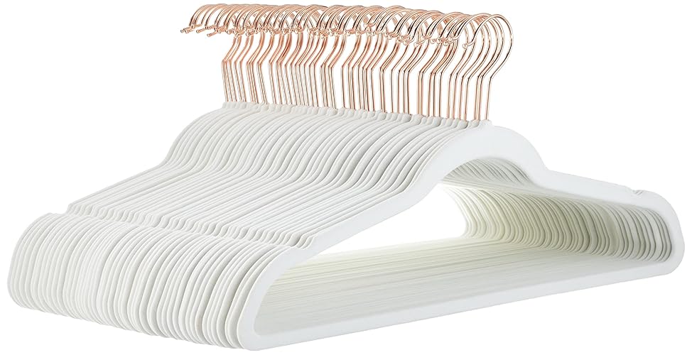 Amazon Basics Slim, Velvet, Non-Slip Sturdy Clothes Hangers, 50-Pack, Ivory/Rose Gold - Ivory/Rose Gold - Pack of 50