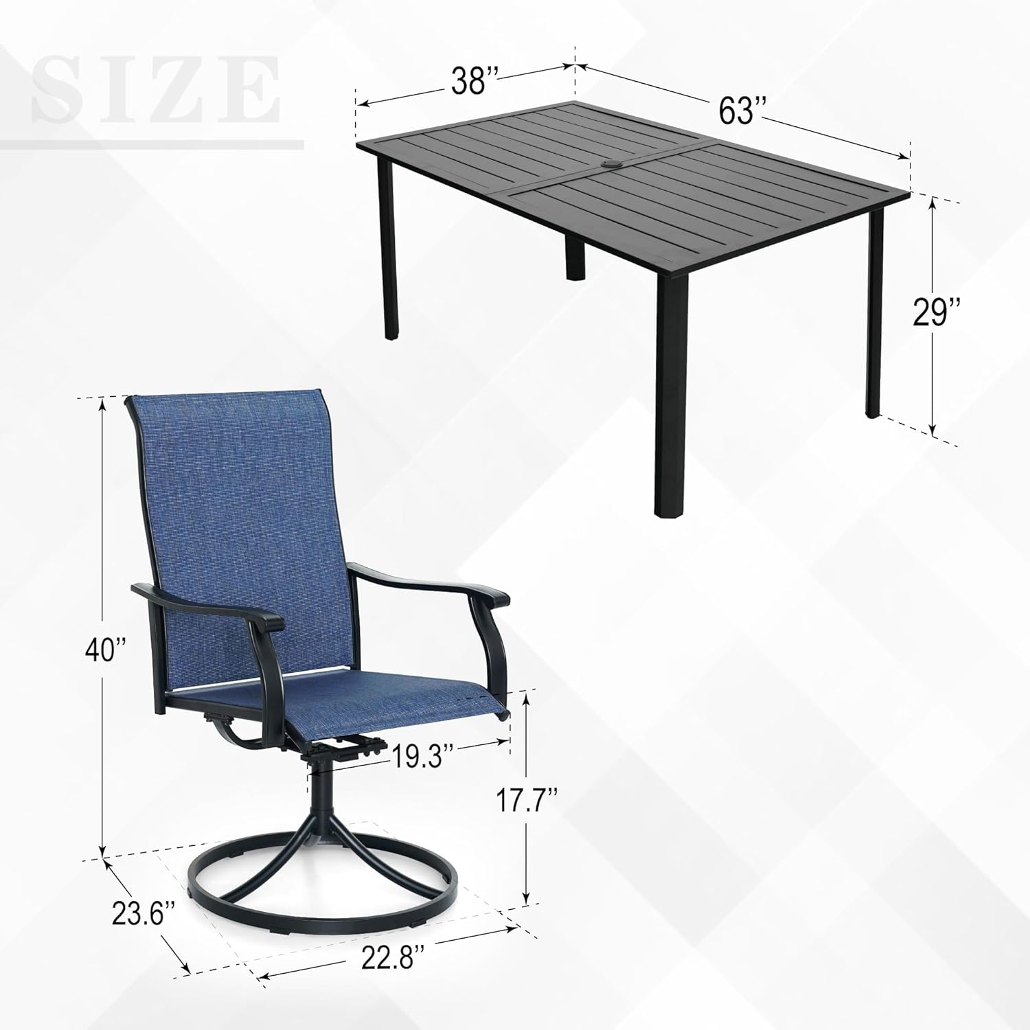 Anmutig 7-Piece Outdoor Dining Set, 6 Swivel Chairs &63'' Rectangular Dining Table with All Weather Frame Furniture Set - Navy Style1