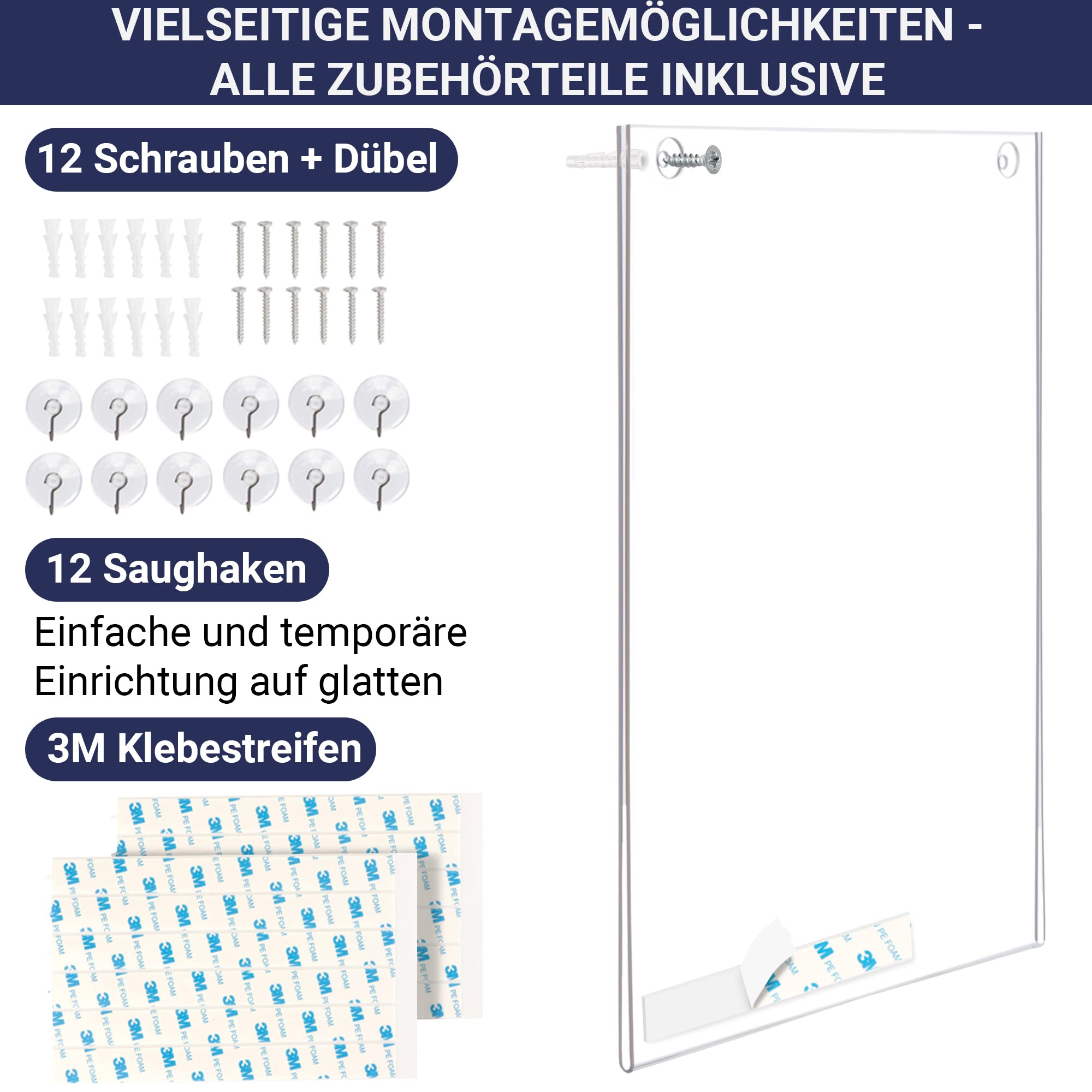 Acryl Schildhalter A4, 6 Stück, Transparenter Rahmen Papierhalter mit mehreren Befestigungsoptionen inklusive, Wandmontage Posterhalter, Kunststoff-Notiztafel für Zuhause, Büro (A4-6 Stück)
