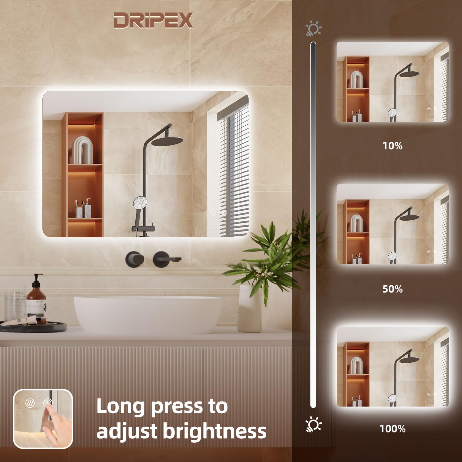 Dripex Specchio Bagno LED 50x70 cm, Specchio da Trucco con retroilluminato Anti Nebbia 3 Temperature Colore e Dimmerabile Specchio Luce da Parete Moderno con Smart