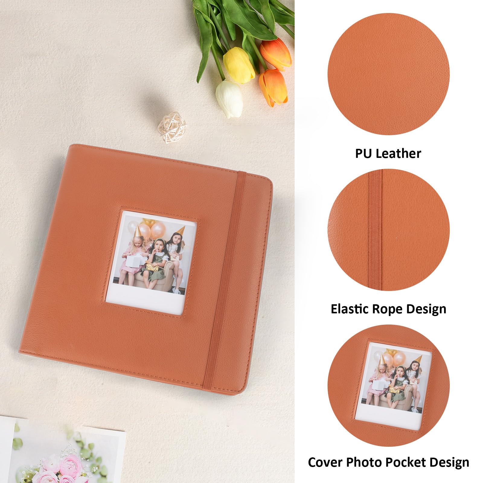 MUZIRI KINOKOO 288 Pockets Photo Album for Instax WIDE 400/WIDE EVO/Link WIDE Instant Camera,PU Leather Album for Polaroid/WIDE 300/WIDE 210,4.25 * 3.4 Inch Film Collection Souvenir Photo Album-Brown - Image 4