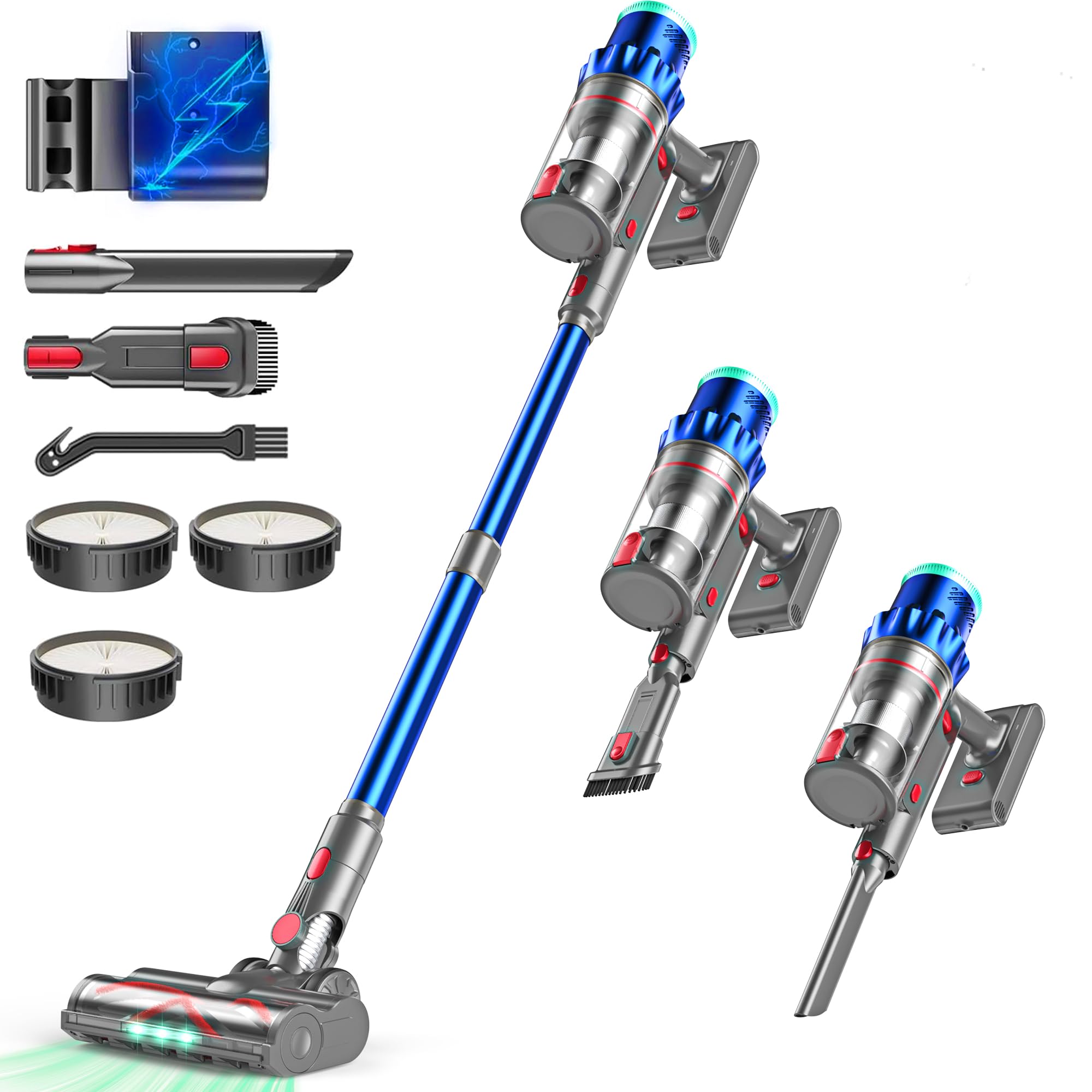 PINICO Akku Staubsauger, 550W 48000Pa Staubsauger Kabellos, Akkusauger mit Automatikmodus & Anti-Verhedderung-Bürste, Stabstaubsauger für Teppich, Hartboden und Tierhaare (Bleu)