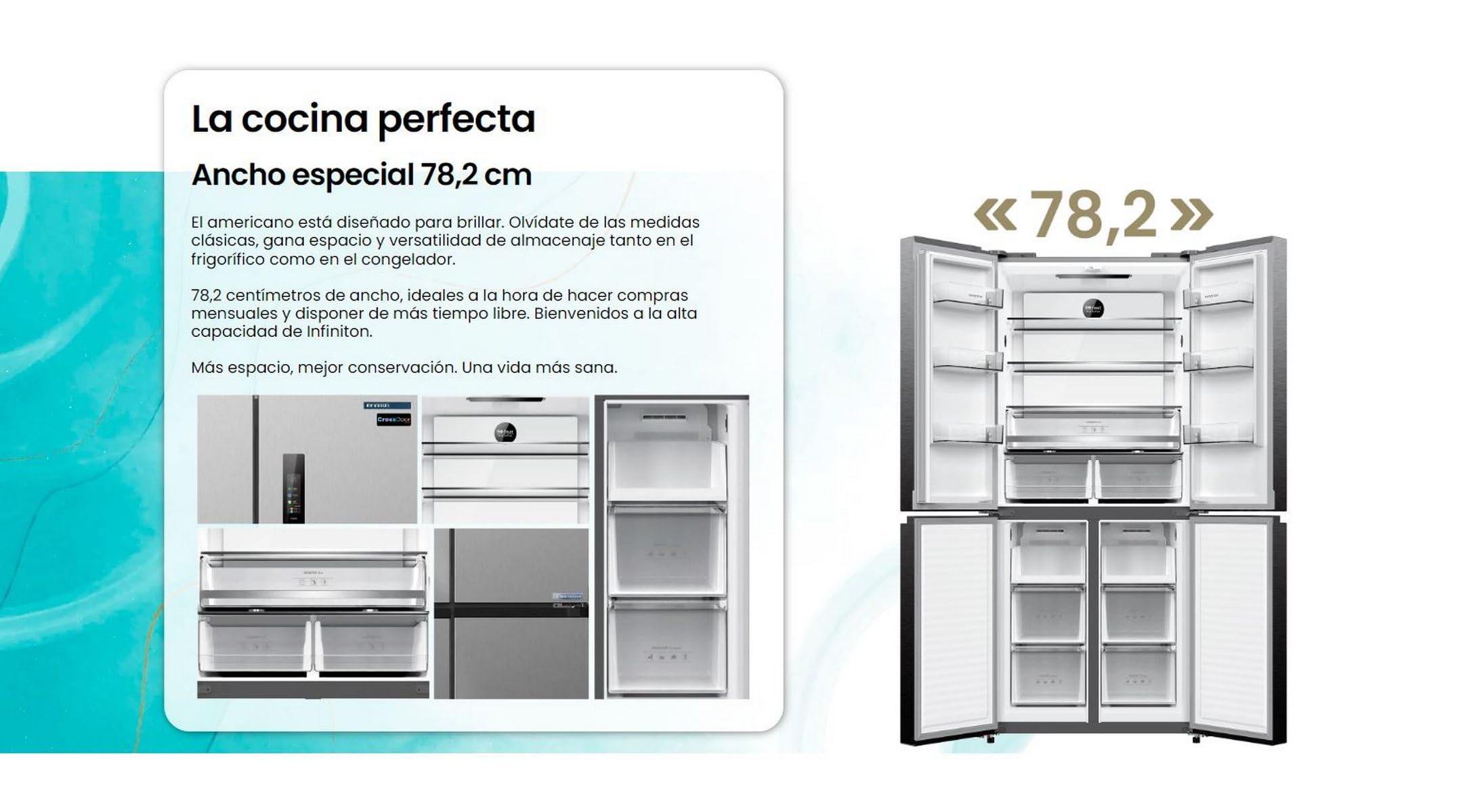 INFINITON Frigorifico Americano AMCB-415CD82XET, 415 Litros, 182 cm de Altura, Inverter Technology, No Frost Total, Fast Cooling, Fast Freezing, Tecnología Care + space, E, Inox