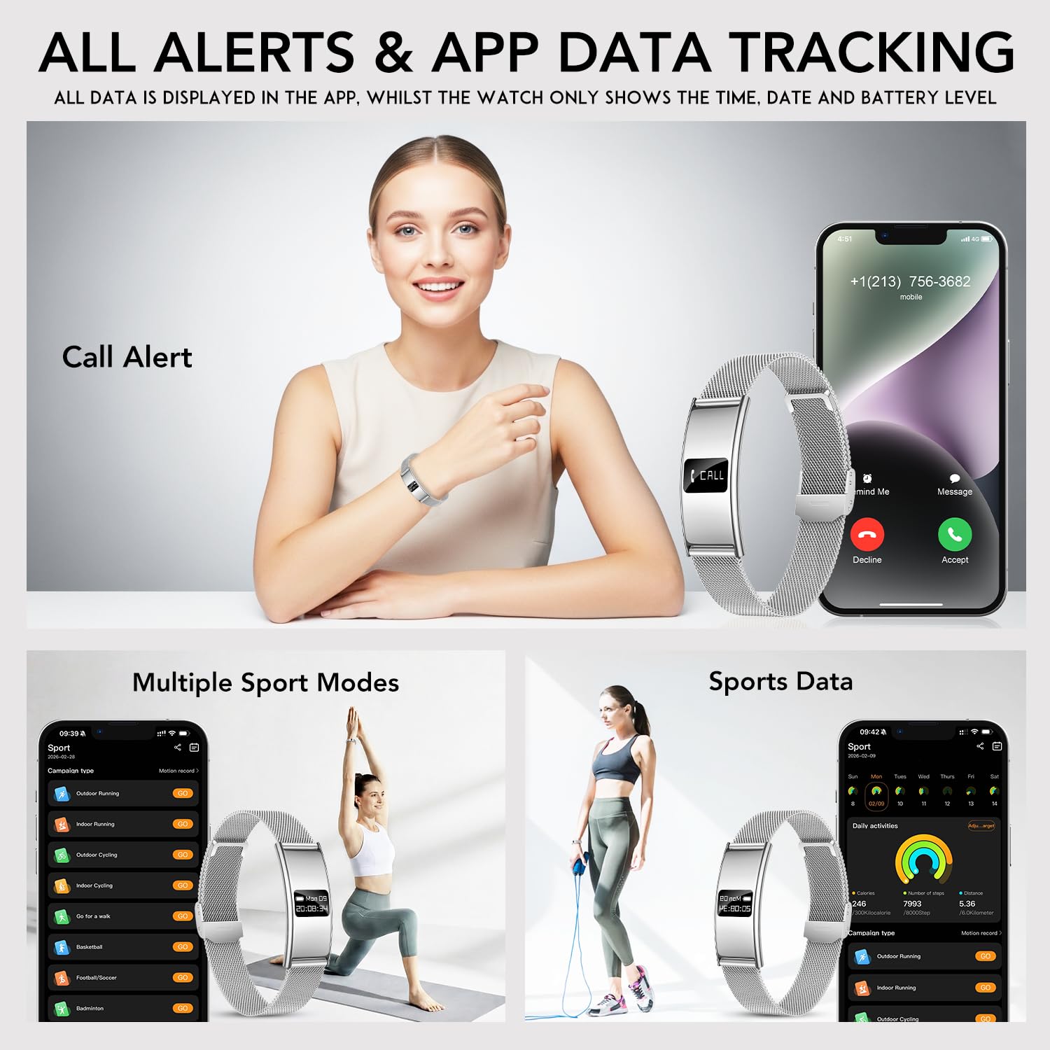 Fitness Tracker Smartwatch Bracciale Donna: Smart Band con Cardiofrequenzimetro SpO2 Stress Sonno Ciclo Fisiologico 5ATM Impermeabile