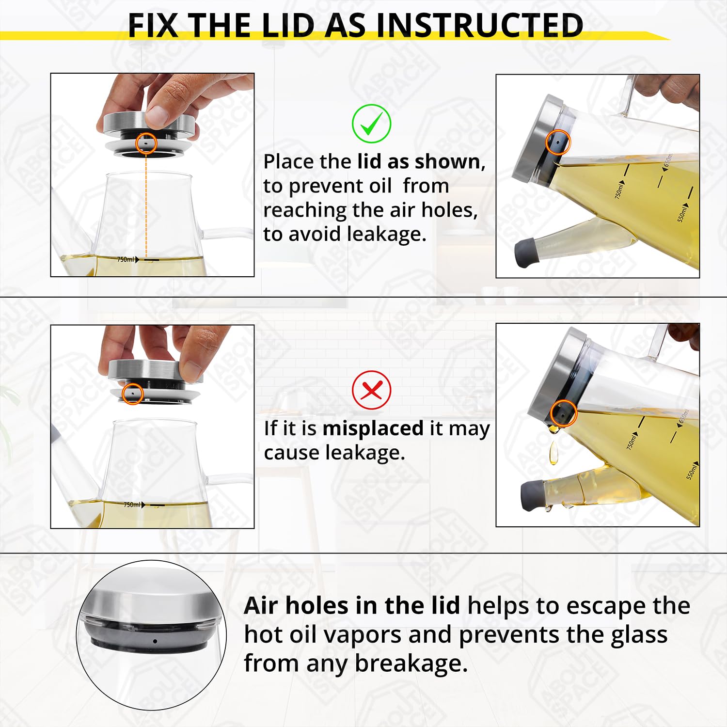 ABOUT SPACE Glass Oil Dispenser 1 Litre with Stainless Steel Cap, Silicone Base, Measurement, Drip-proof Hawk with Dust Cap, Leak-proof Oil Bottle for Kitchen, Upto 300°F Easy to Refill Oil Container - Image 8 thumbnail