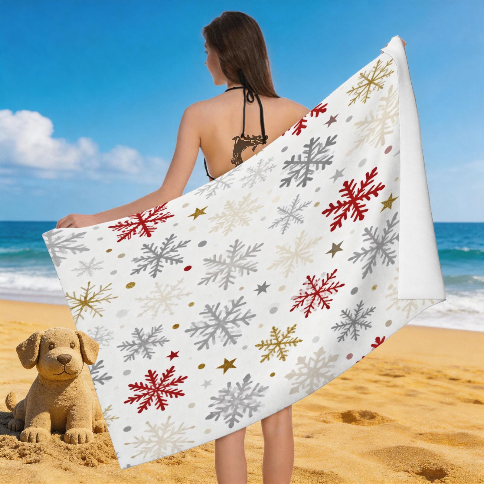 Leichong 3D Cartoon Snowflake Beach Towel Microfiber Soft Quick Dry for Adults, Lovely Bath Towel Lightweight Soft Absorbent for Travel Swimming Pool Sports, 75 x 150 cm