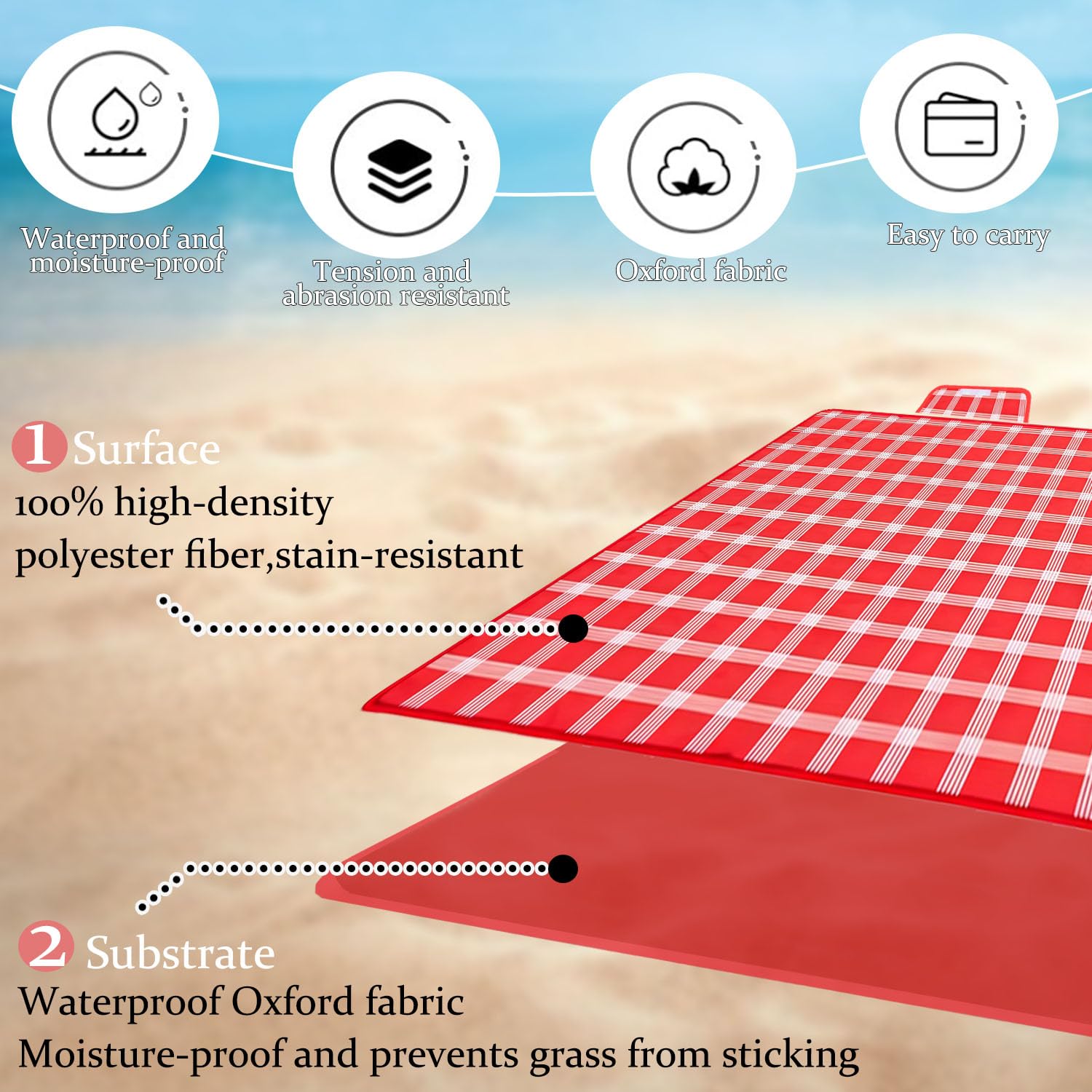 Couverture Pique Nique Impermeable XXL,200x200cm Grand Tapis Pique Nique avec Poignée,Tapis de Plage Portable, Imperméable couverture pique niques,Adaptée Plage Barbecue Parc,Camping Voyage(Rouges) - 4