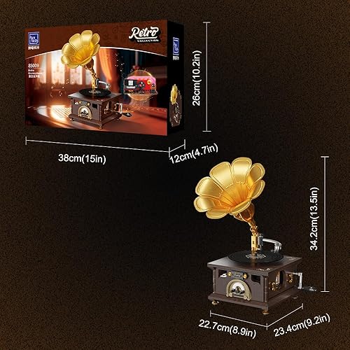 Miniatura 7 de PANTASY - Juego de construcción de fonógrafo retro, kit de construcción de caja de música de gramófono, juego de ladrillos de construcción de