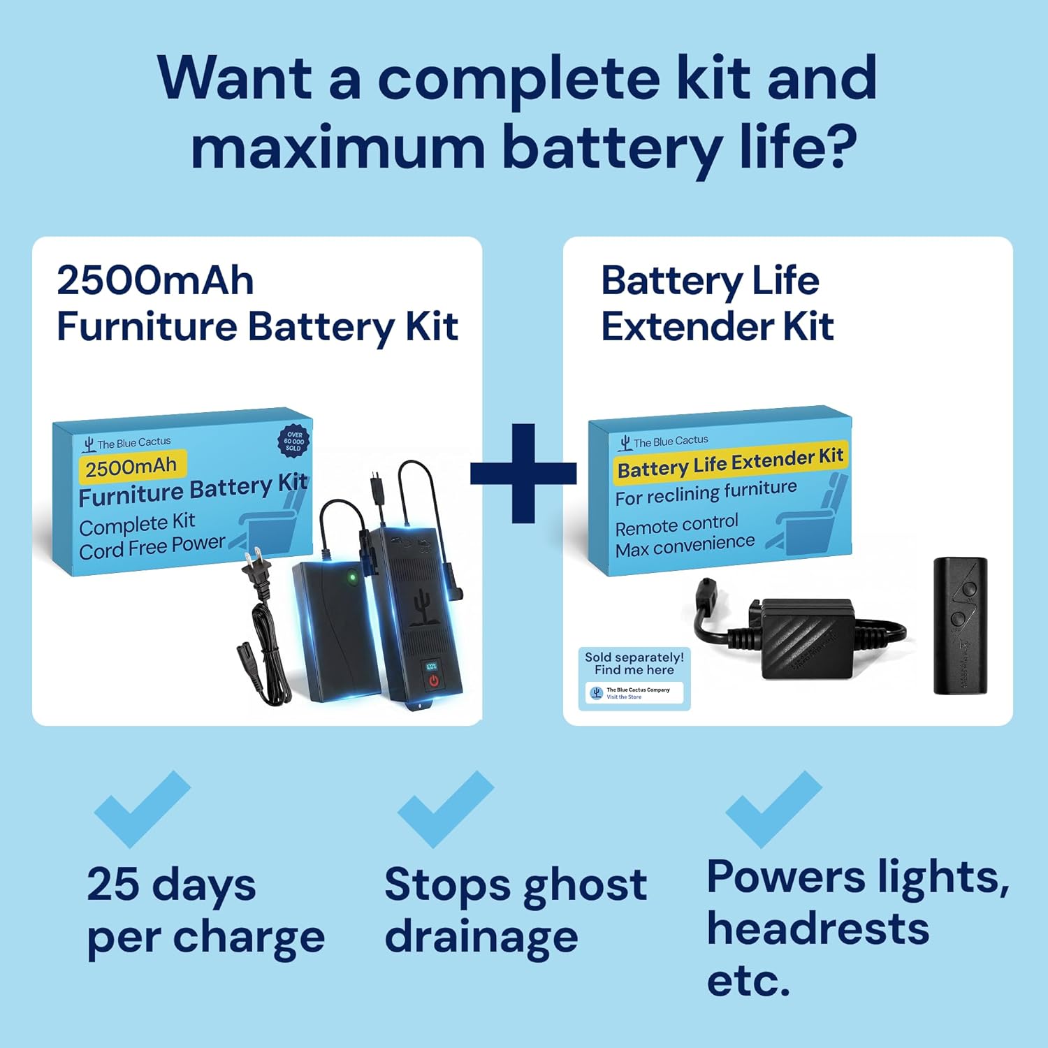 Blue Cactus 2500mAh Replacement Rechargeable Battery Pack for Reclining Furniture - Easy Install for Simple Recliners (Transformer Not Included)