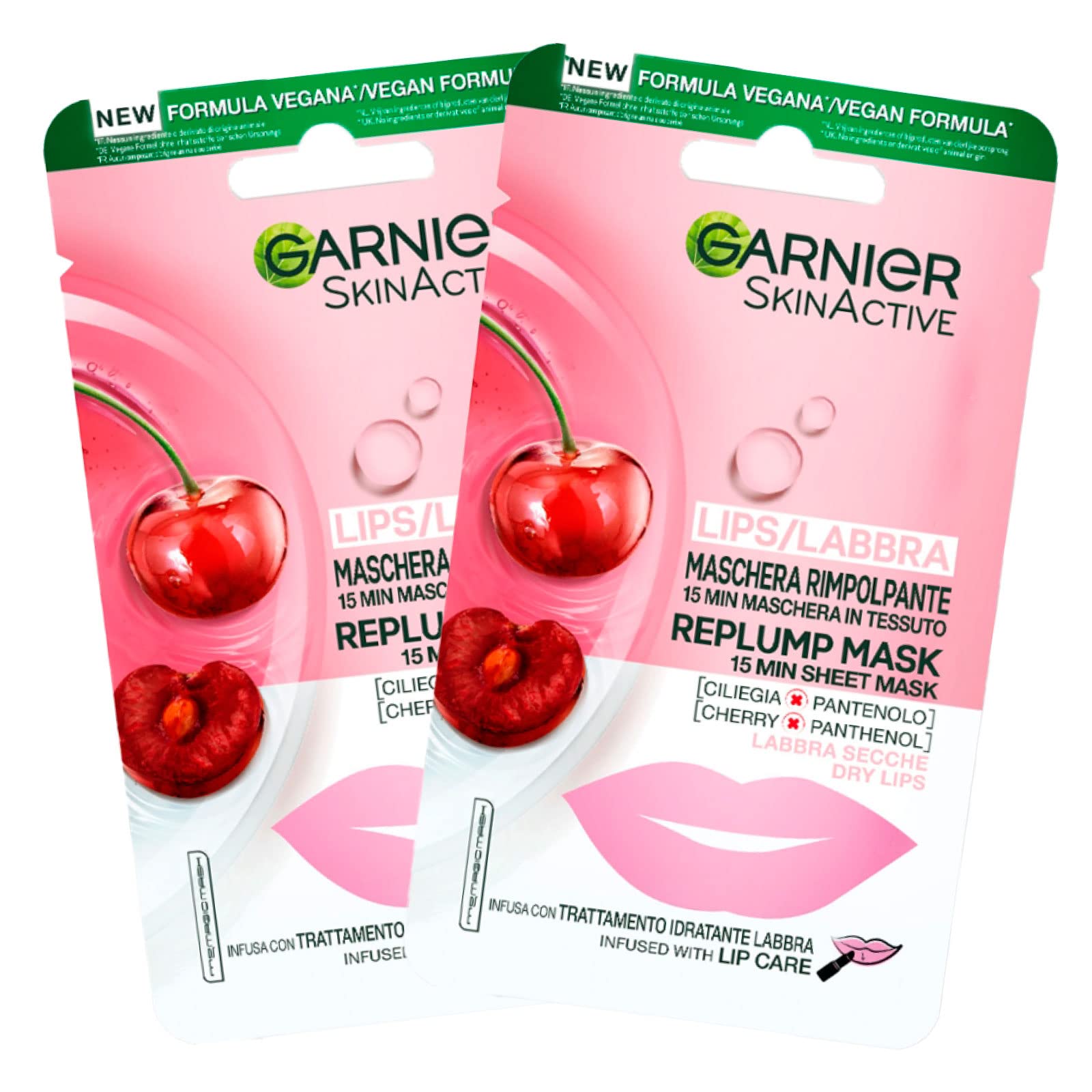 2x Garnier Skinactive Dry Lip Plumping Fabric Mask Cherry Flavour, 2 Packs with 1 Disposable Treatment, 2 x plumpers