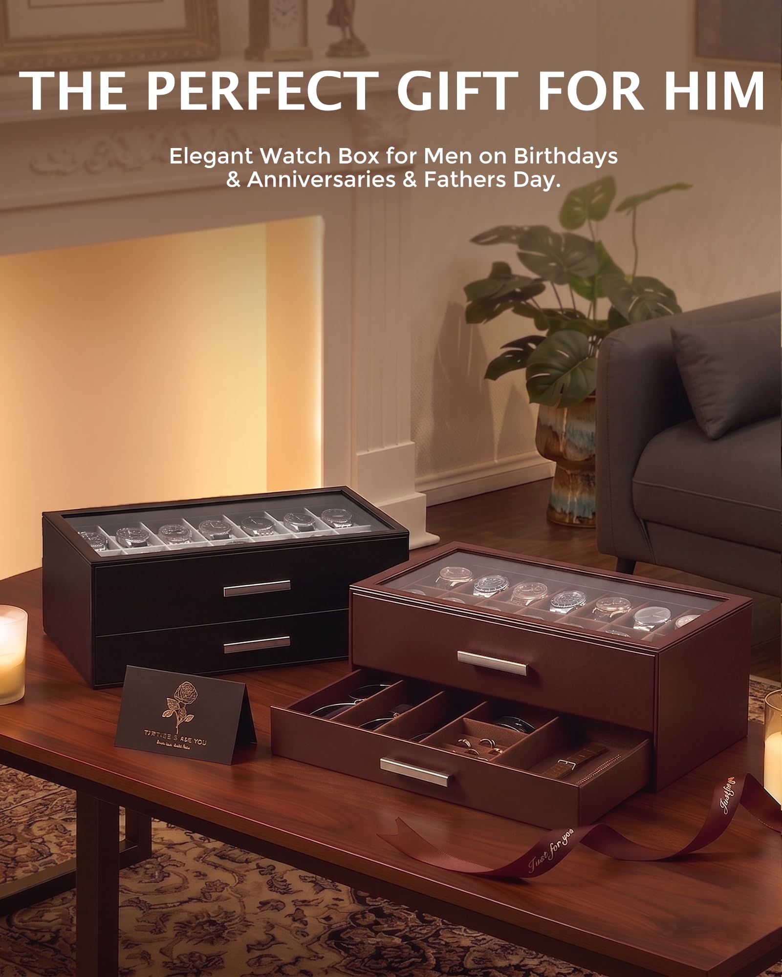 ProCase Coffret Montres 14 Emplacements avec Tiroirs Coulissants Superposés, Boîte à Montres avec Couvercle Transparent, Rangement Élégant pour Montres et Accessoires -Noir
